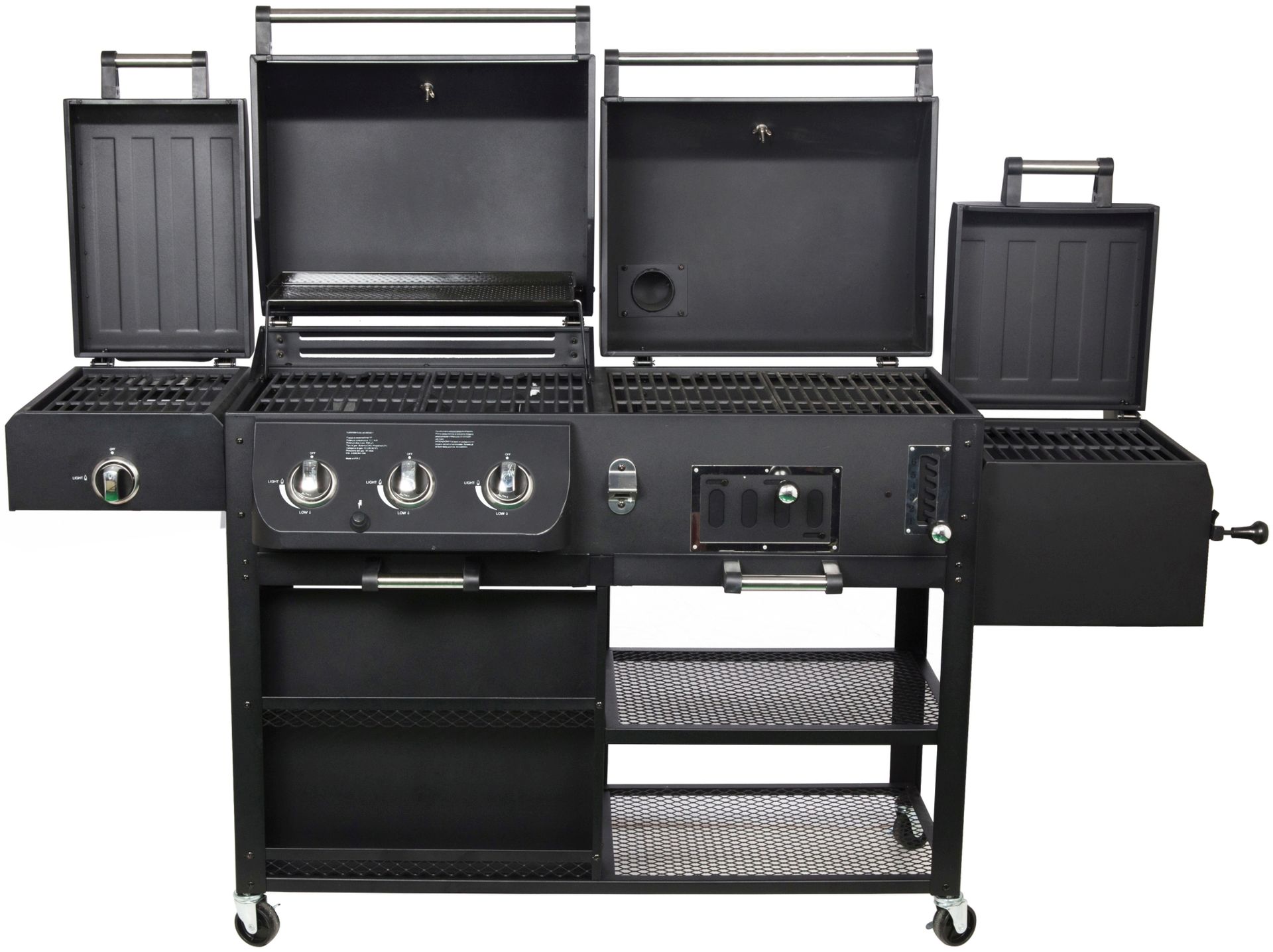Schwarzer und silberner Grill mit offenen Deckeln. Knöpfe und Stauraum sind vorne sichtbar.