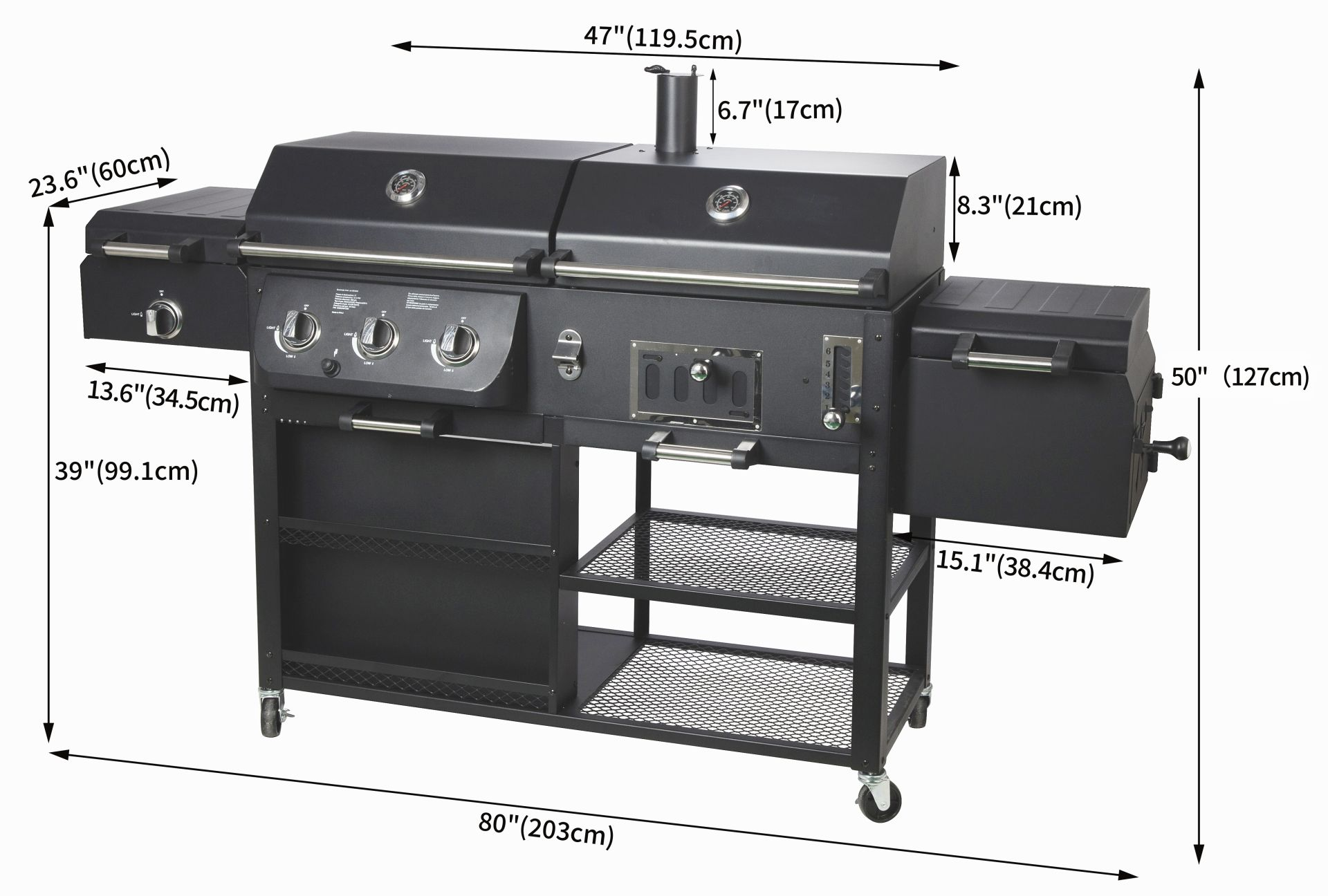 Schwarzer Grill mit beschrifteten Abmessungen, mit Gastank links.