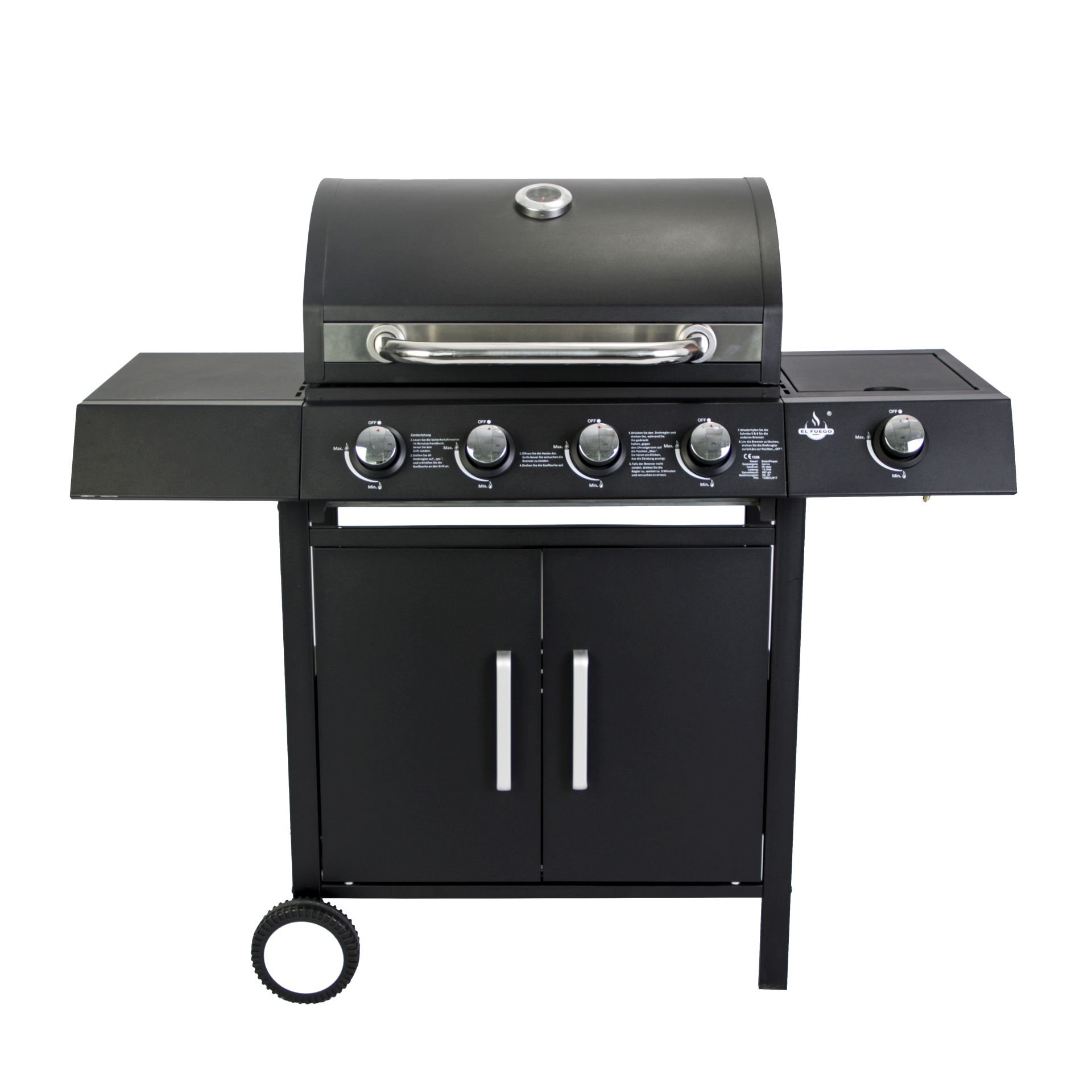 Schwarzer Gasgrill auf Rädern mit geschlossenem Deckel.