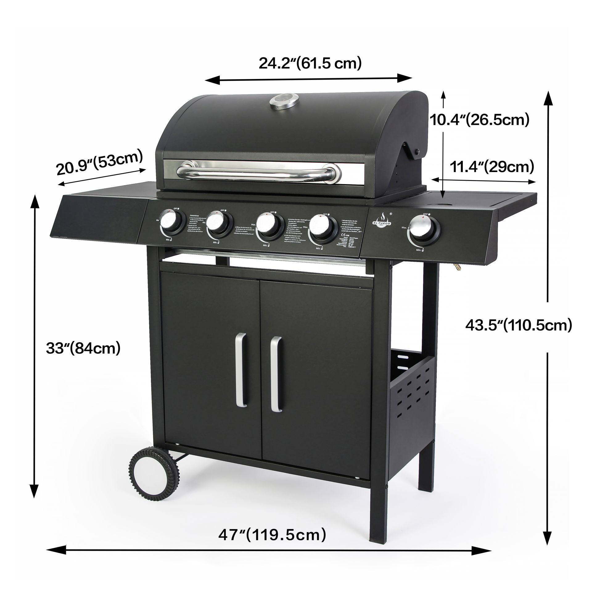 Schwarzer Grill mit Abmessungen und weißem Hintergrund.