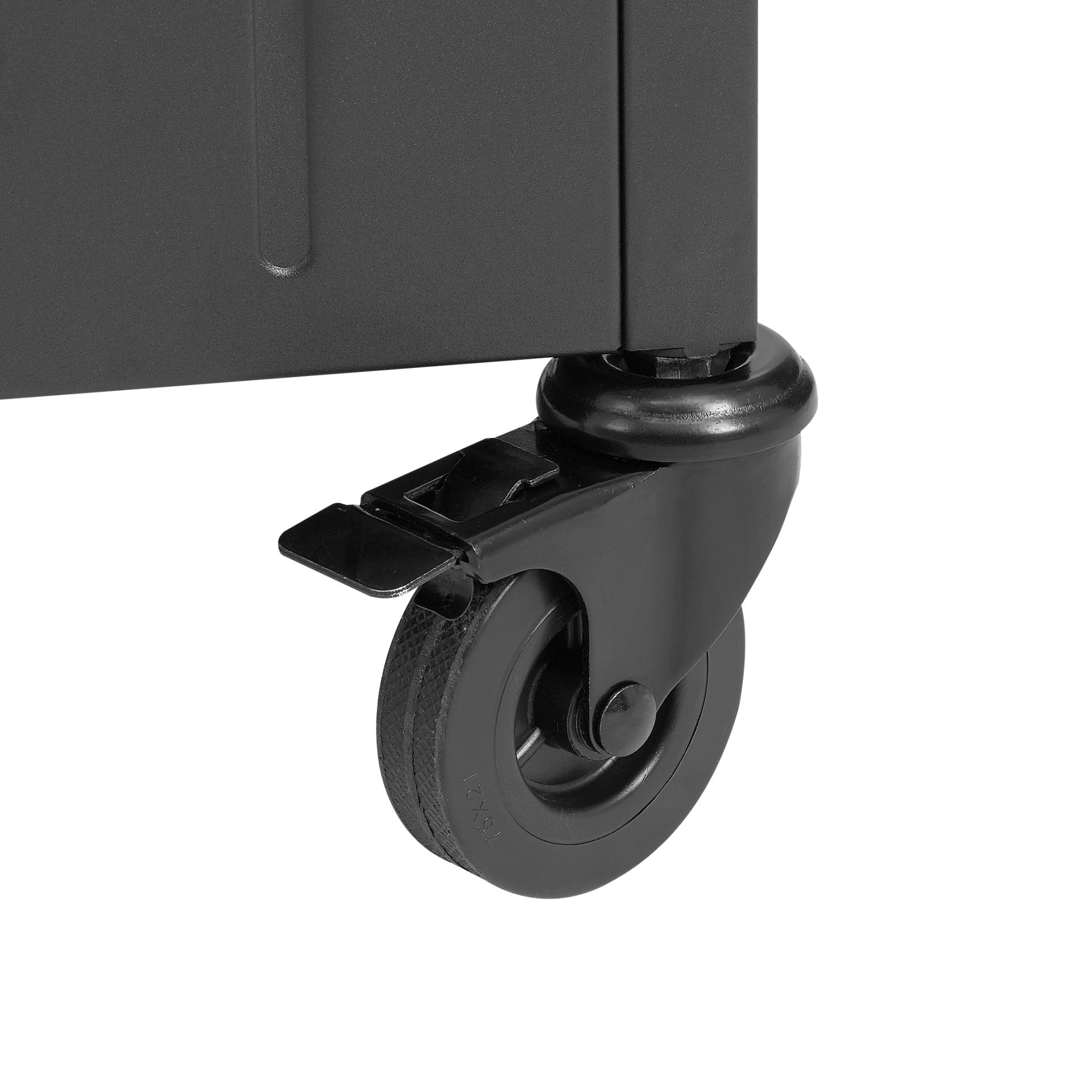 Ein schwarzes Rad mit einem Verriegelungsmechanismus. Es ist Teil eines schwarzen Schranks.