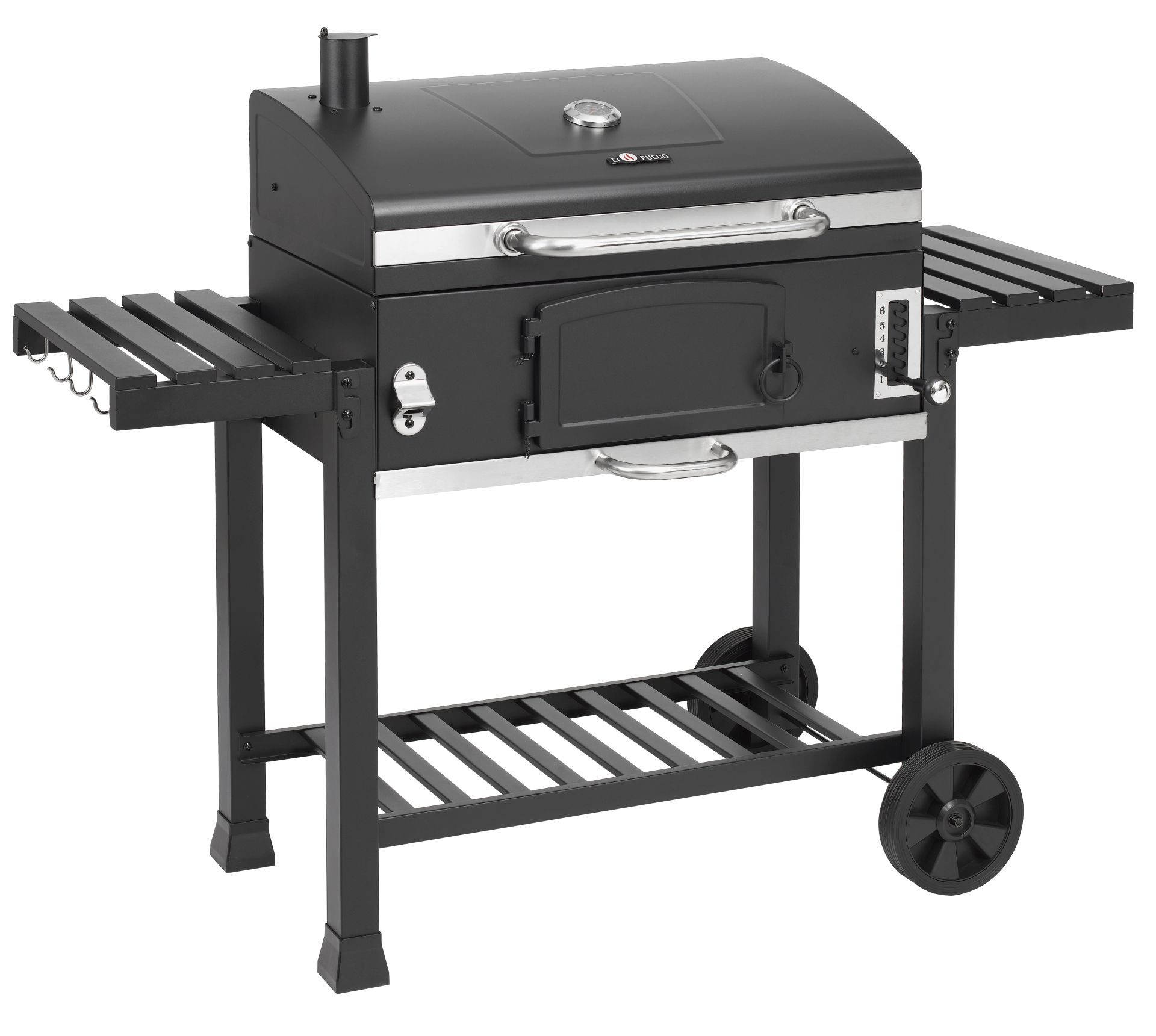 Schwarzer Holzkohlegrill mit Deckel, Seitenablagen und Rädern.