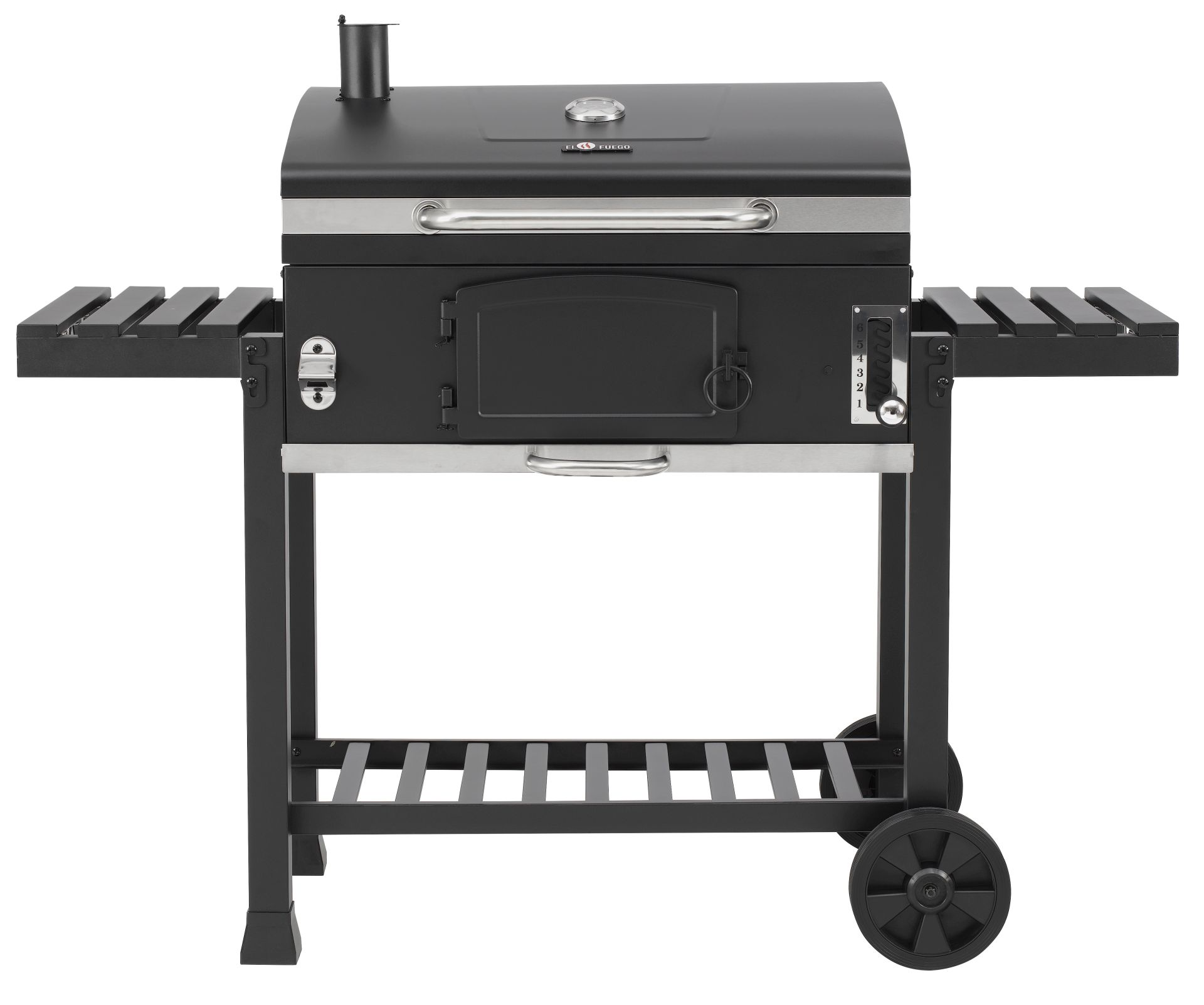 Ein schwarzer Holzkohlegrill mit seitlichen Holzablagen. Er hat eine Tür, einen Schornstein und ein Thermometer.