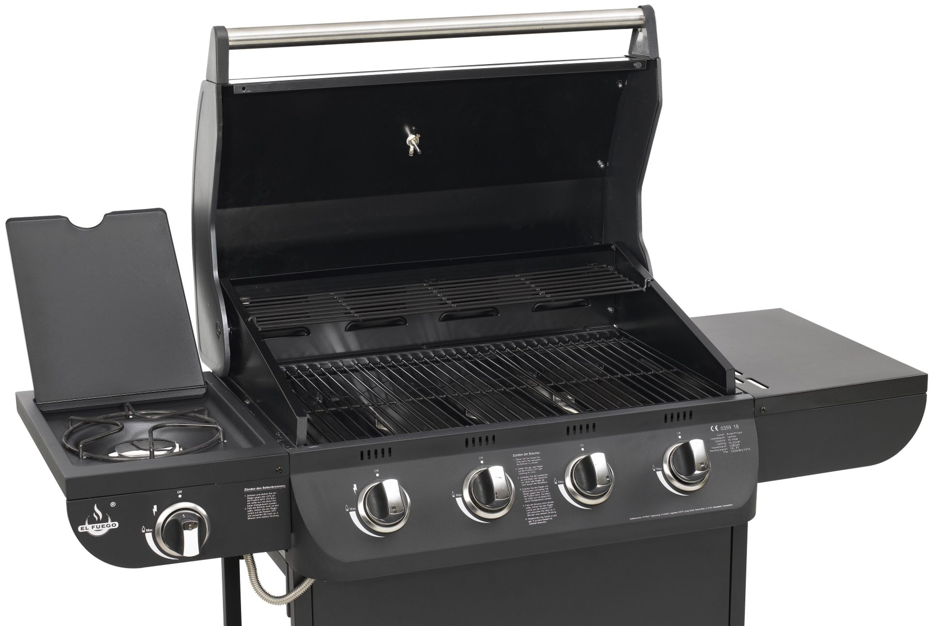 Schwarzer Gasgrill mit Seitenbrenner. Knöpfe, offener Deckel und Grillroste sichtbar.