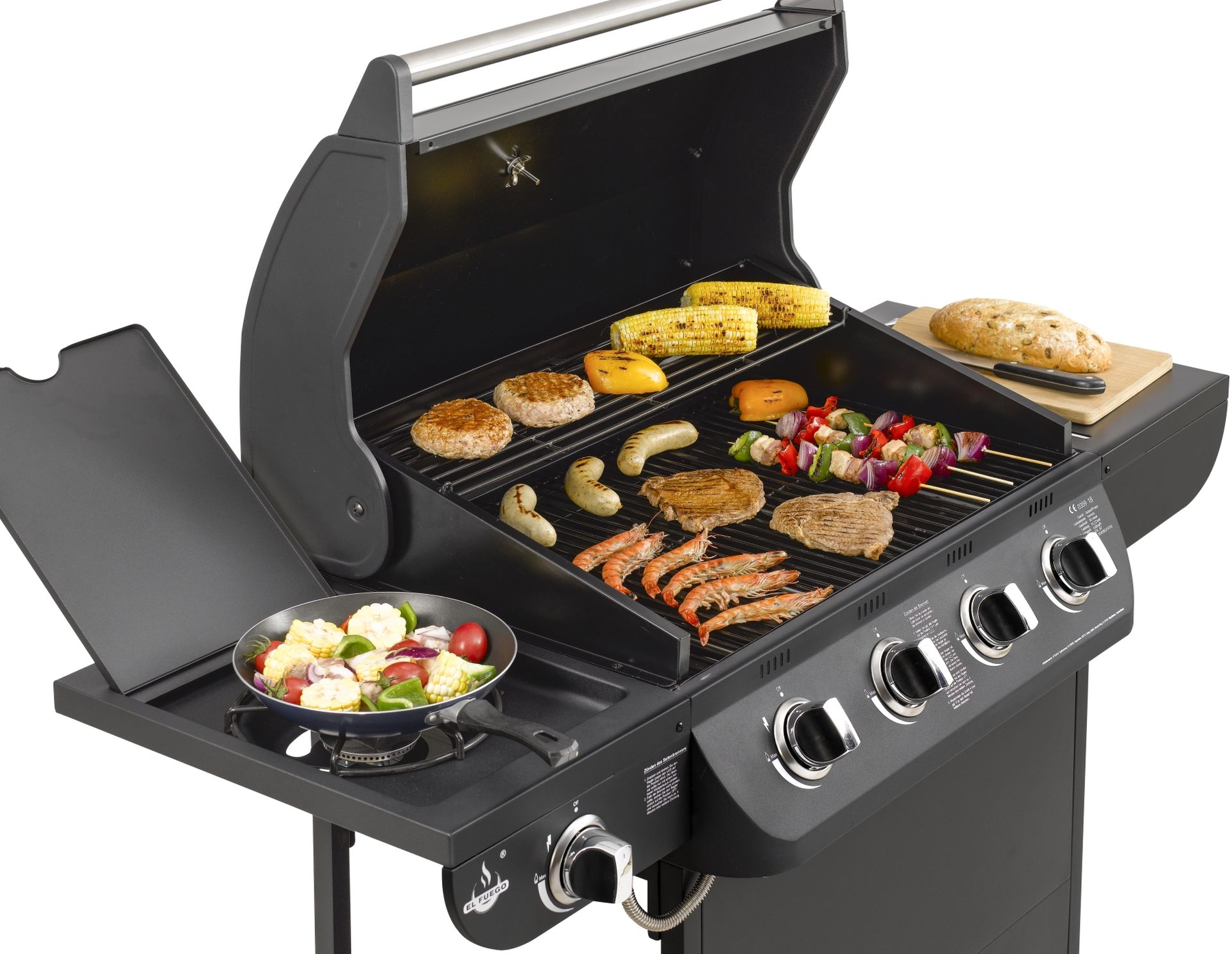 Ein schwarzer Gasgrill mit Essen, das auf dem Grill und an der Seite zubereitet wird.