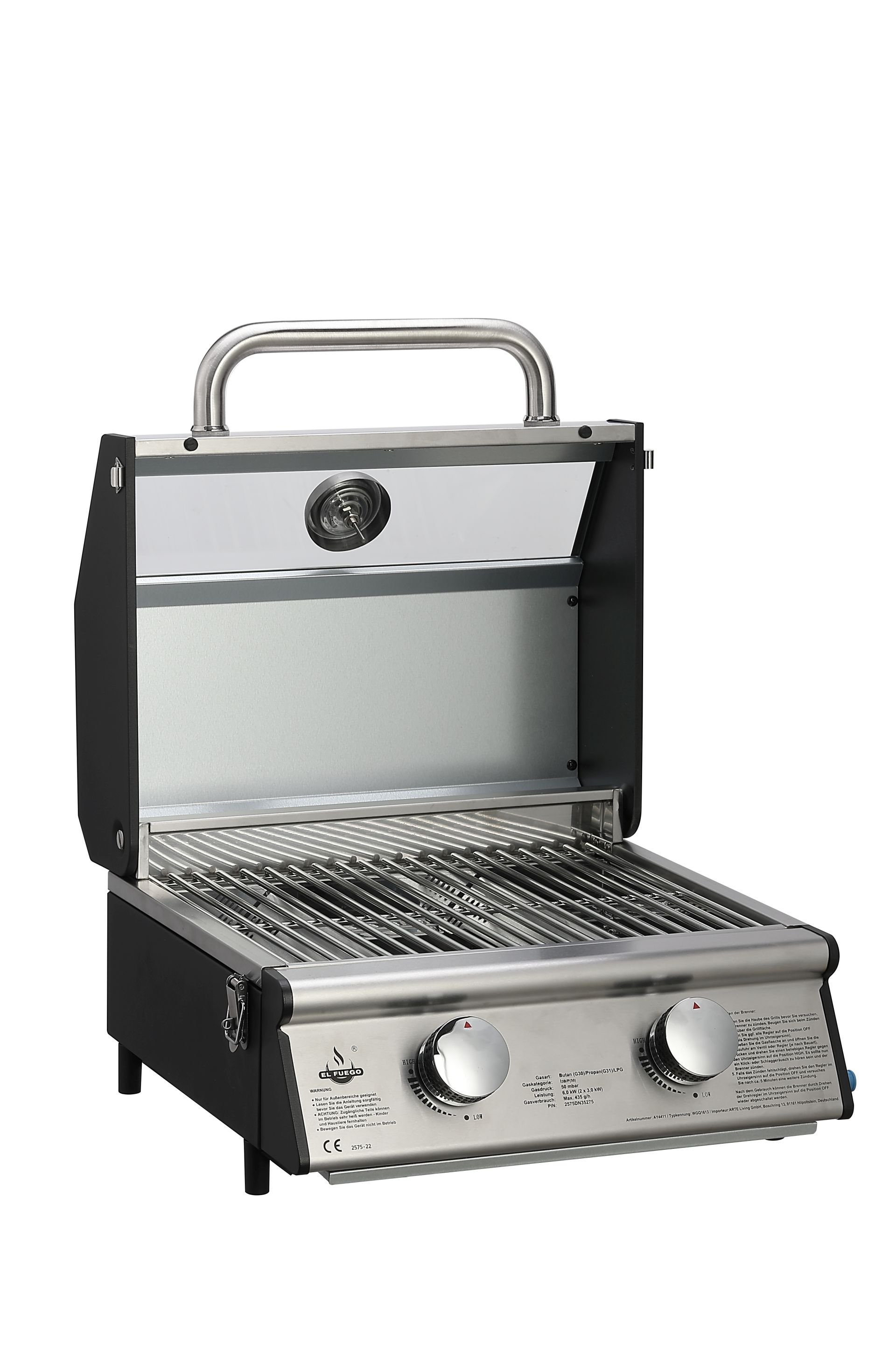 Ein offener Grill mit zwei Bedienknöpfen und einem Griff, Edelstahl-Innenraum, vor weißem Hintergrund.
