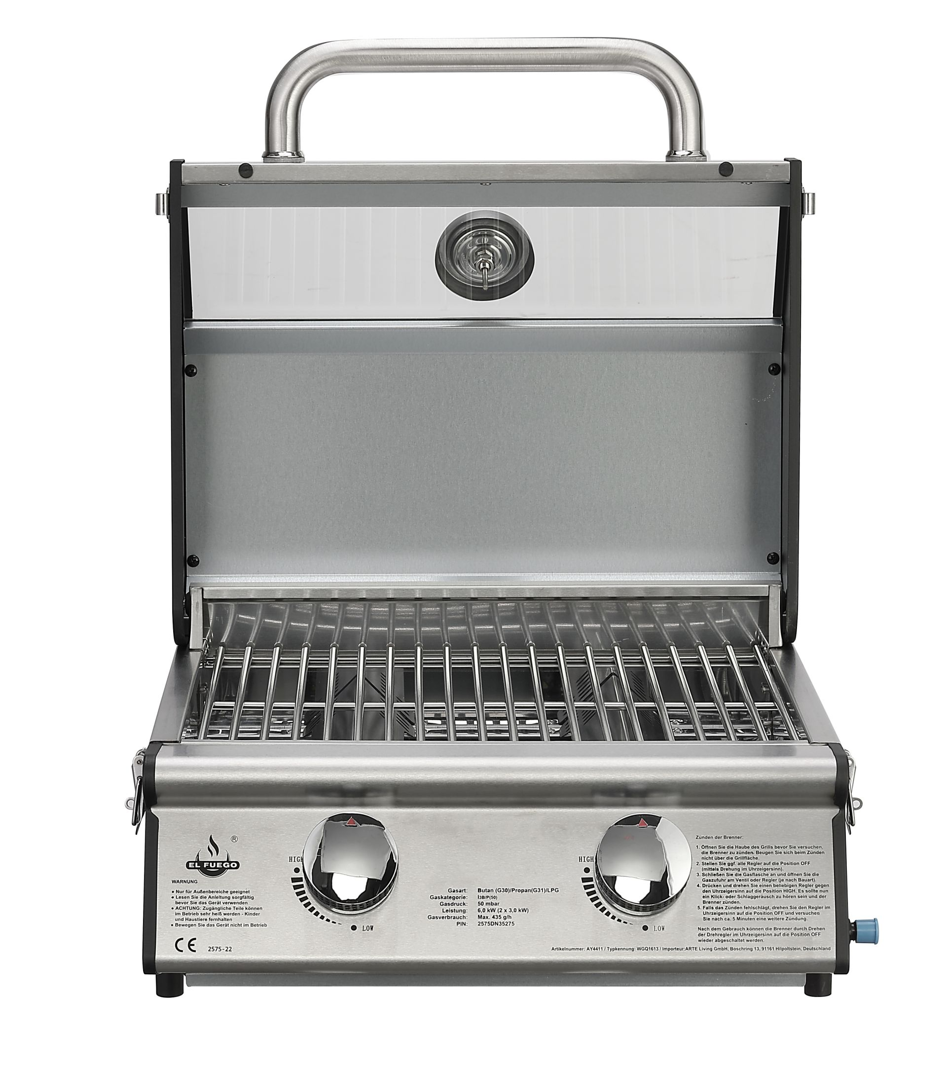 Edelstahlgrill mit offenem Deckel, Brennern und Bedienknöpfen.