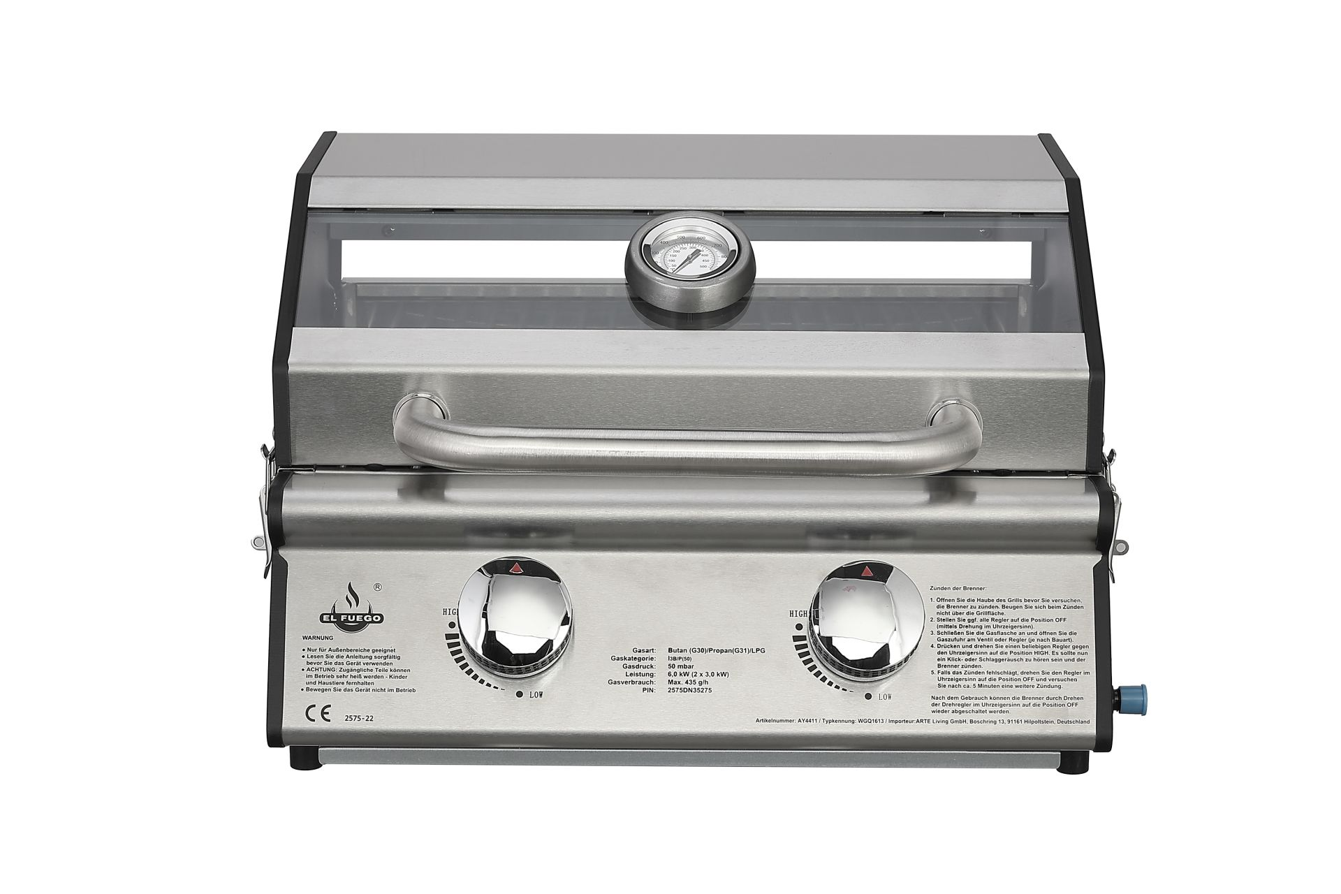 Ein Edelstahl-Außengrill mit Deckel, Thermometer und zwei Drehknöpfen.