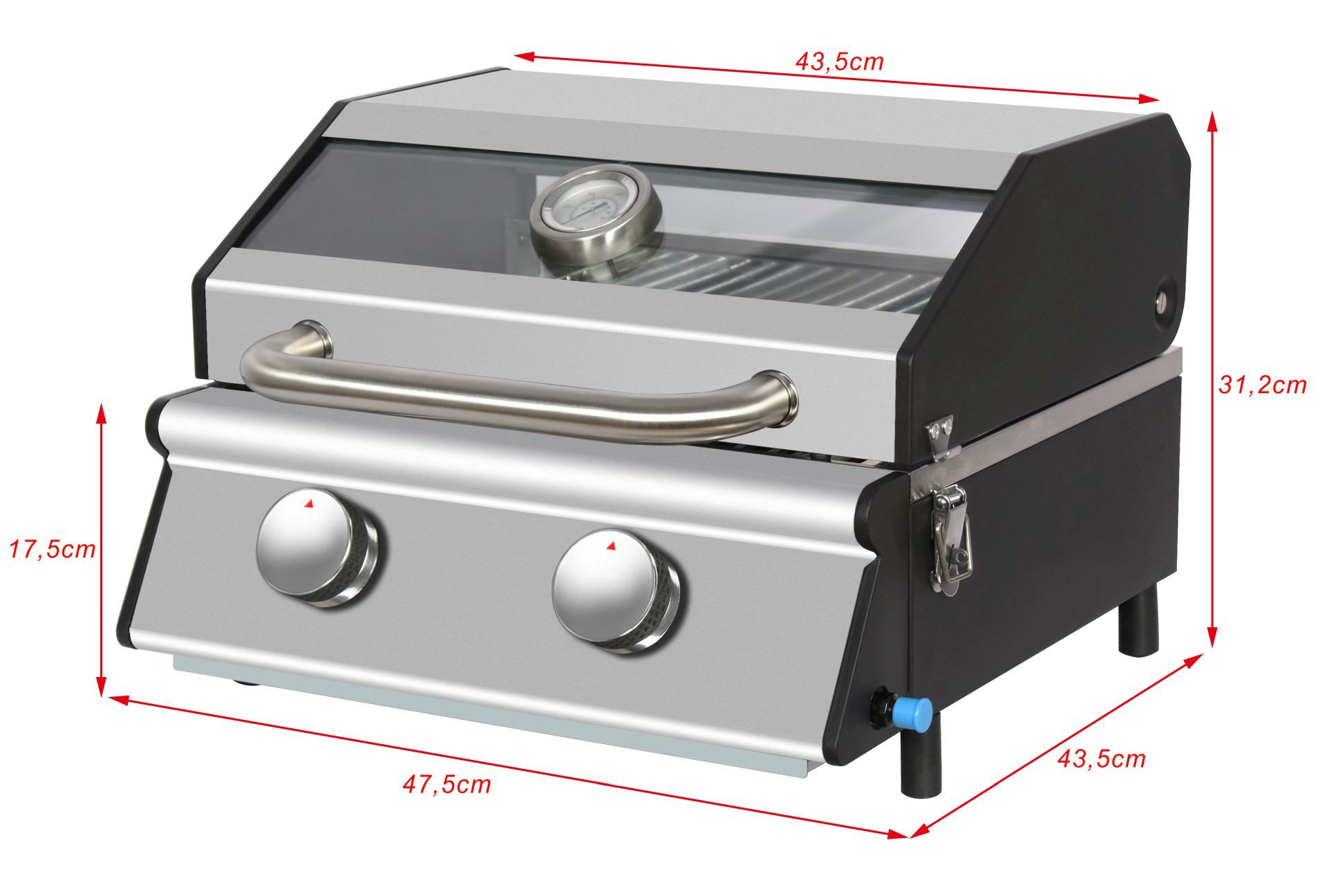 Außengrill mit Glasabdeckung. Knöpfe und Thermometer sind sichtbar. Weißer Hintergrund.