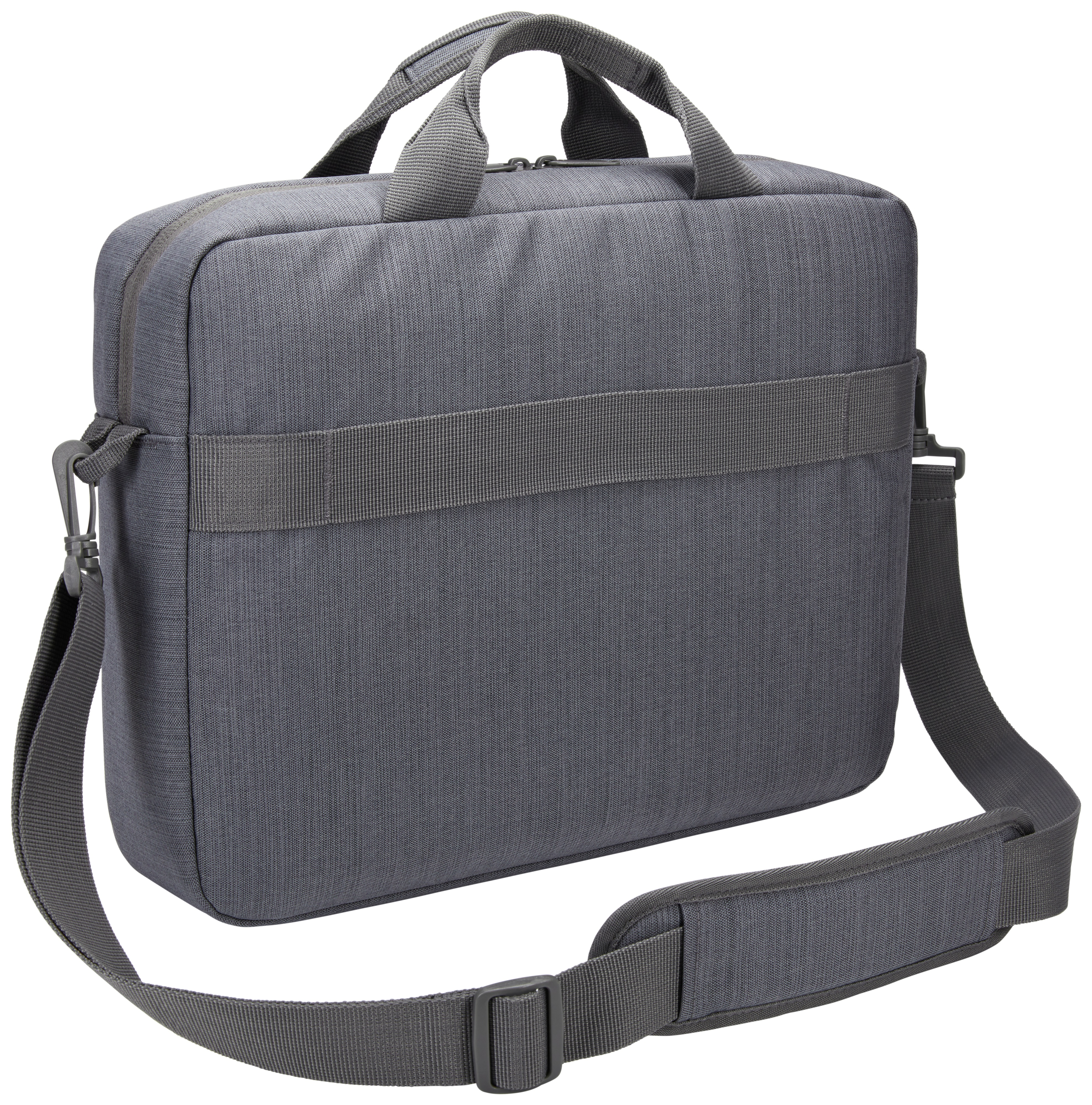 Eine graue Laptoptasche mit Schultergurt und Griff. Sie hat einen Reißverschluss und einen Riemen auf der Rückseite.