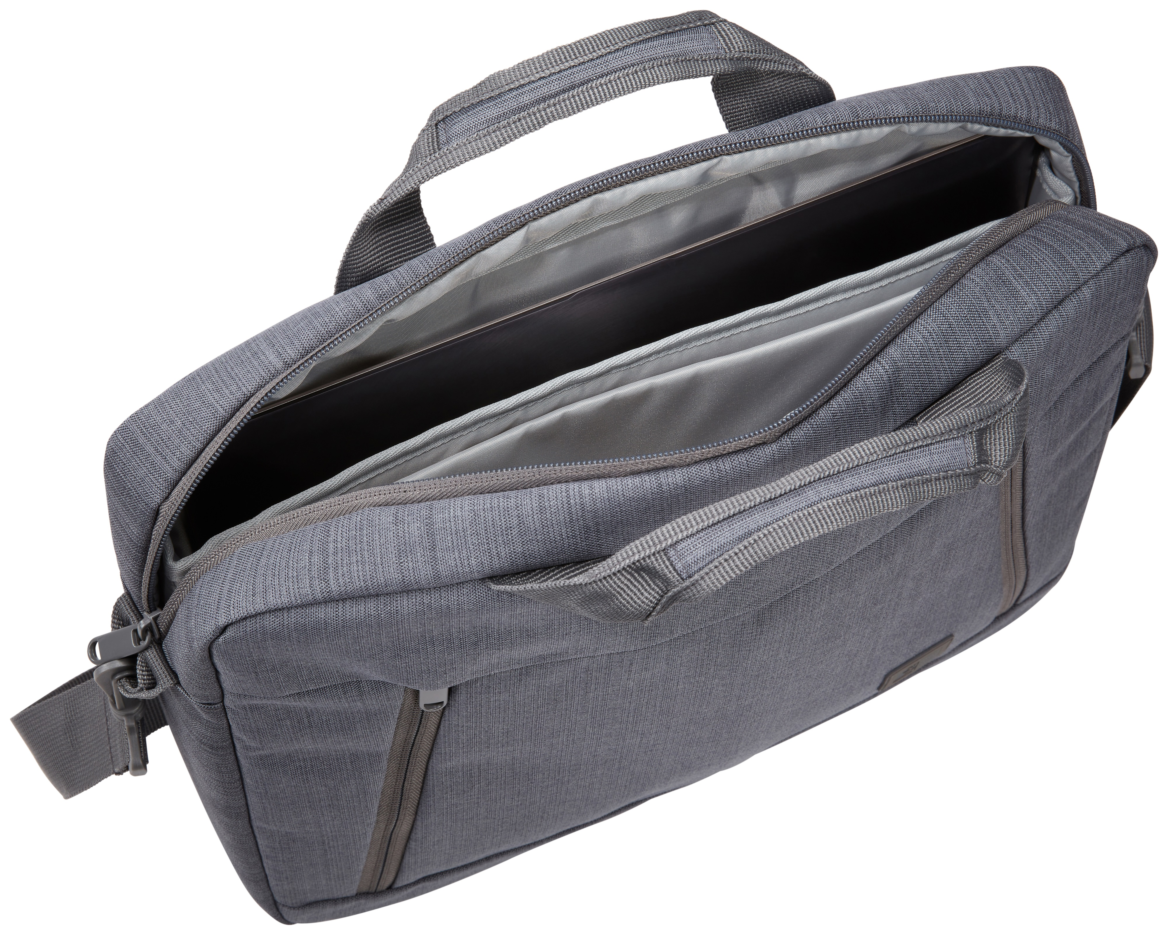 Graue Laptoptasche, geöffnet, um das Innere zu zeigen. Mit Griff, Schultergurt und Reißverschlusstasche.