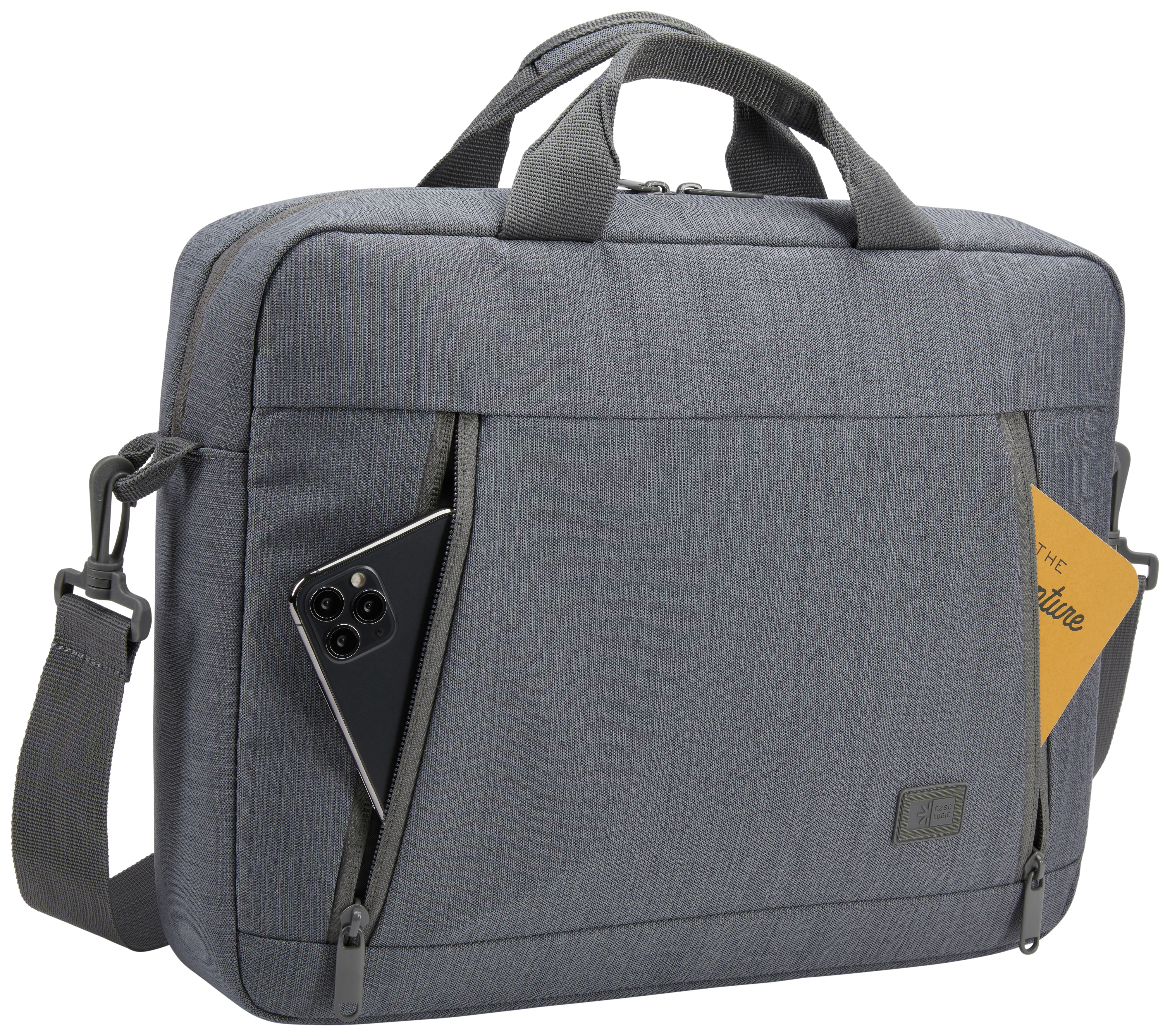 Graue Aktentasche mit Handy in der Tasche und gelbem Schild, das herausragt.