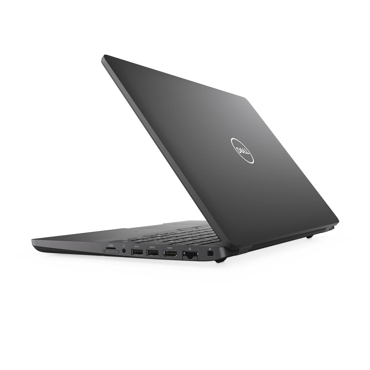 Ein dunkelgrauer Laptop mit leicht geöffnetem Deckel, seitlich abgewinkelt.
