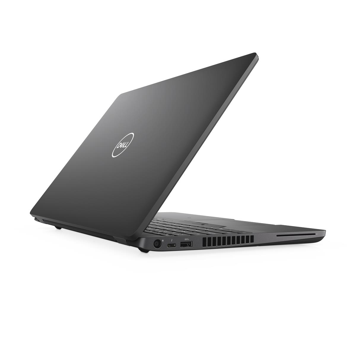 Ein schwarzer Dell-Laptop ist leicht geöffnet und zeigt das Dell-Logo auf dem Deckel.