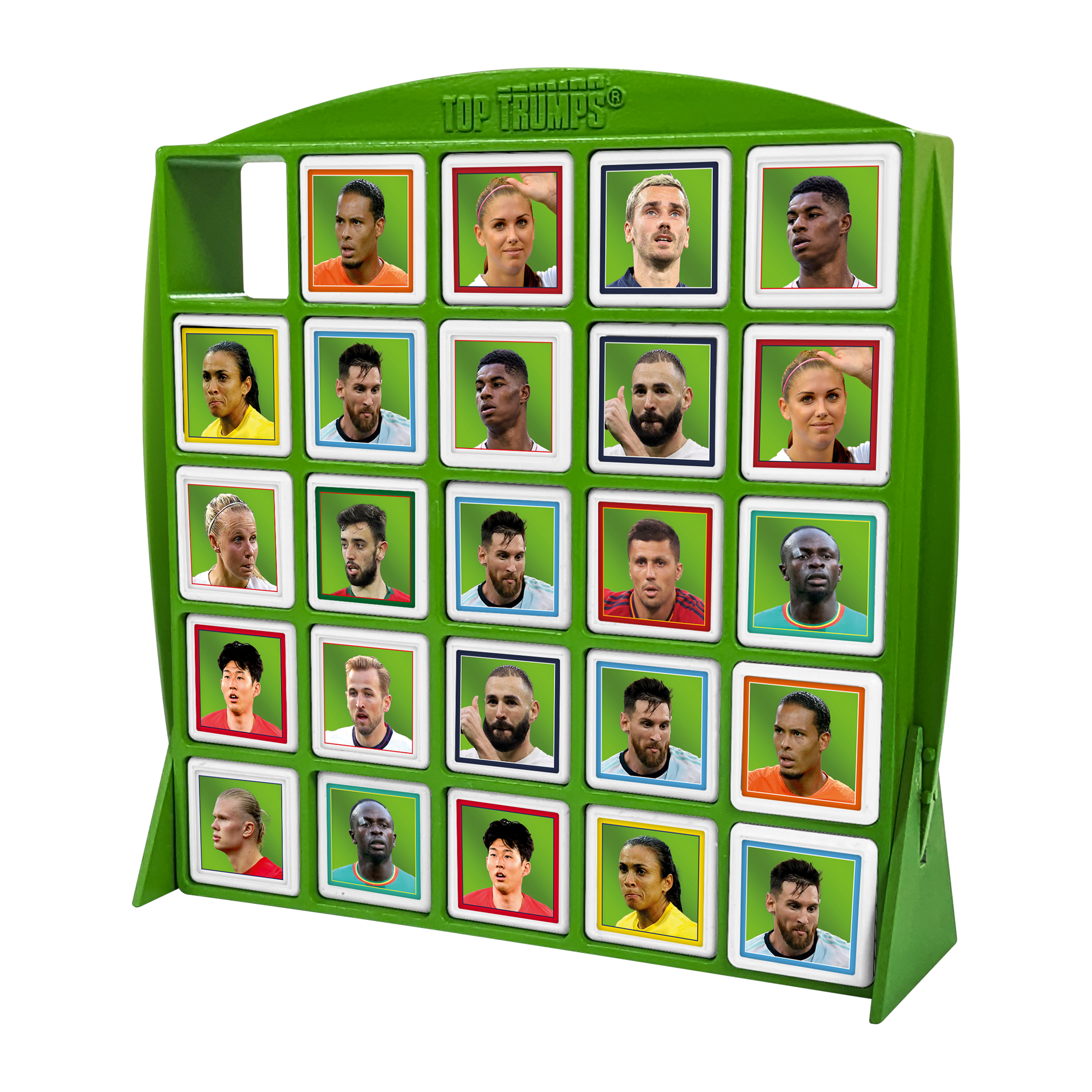 Grünes Brett mit Fußballspieler-Karten in einem Raster. Spieler sind Messi, Ronaldo und mehr.