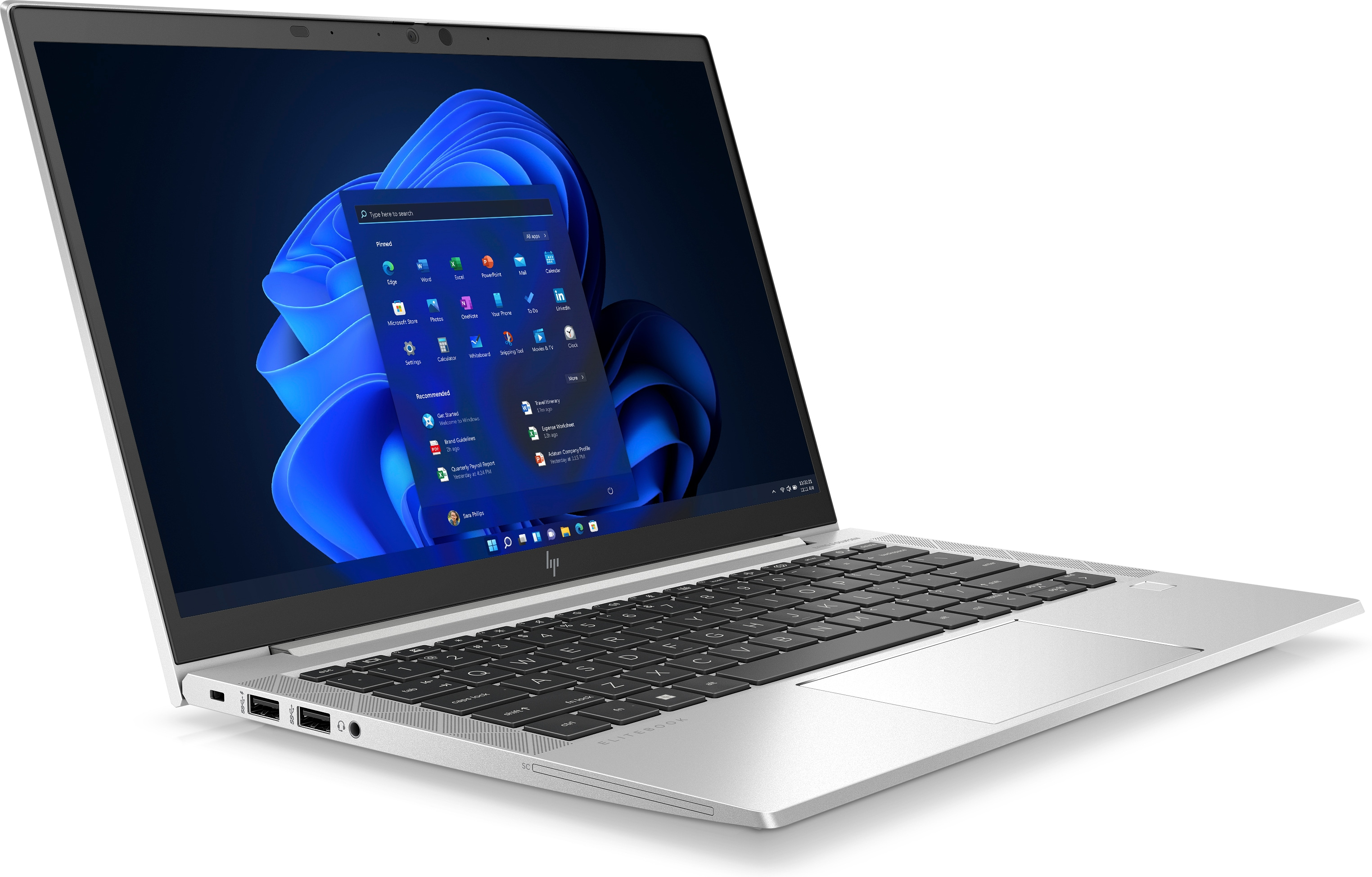 Een zilveren laptop met een zwart toetsenbord, met een Windows 11 interface.