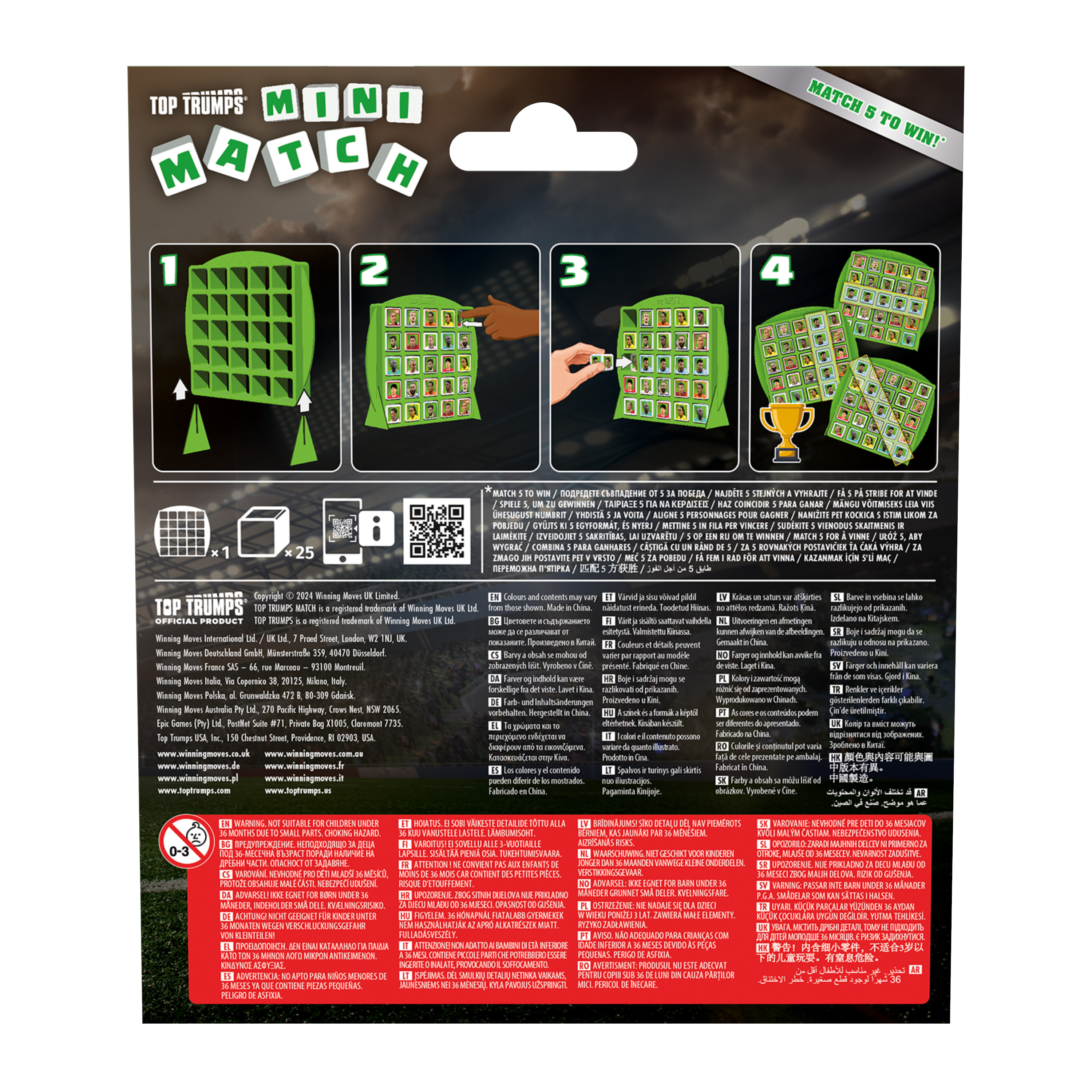 Rückseite einer Top Trumps Mini Match Kartenspielbox, mit Spielabbildungen und Text in mehreren Sprachen.