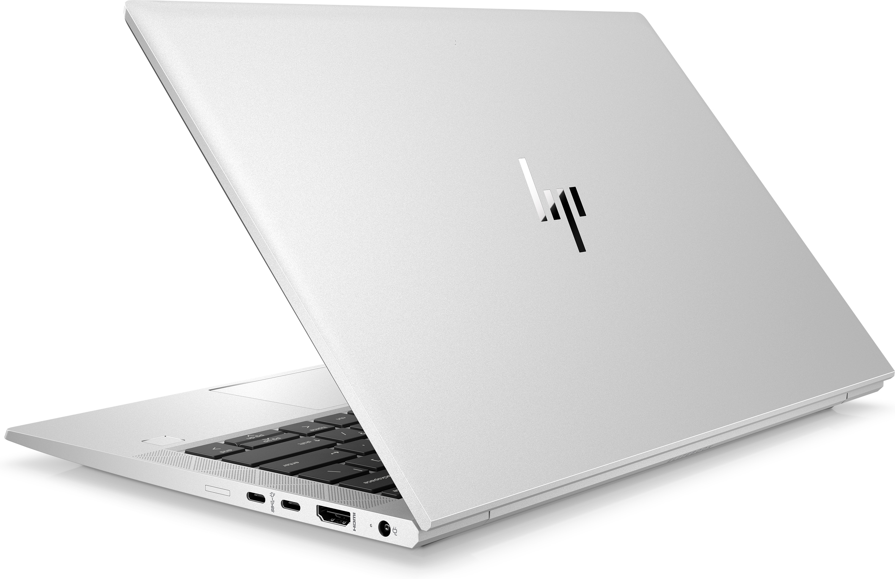 Laptop argento, aperto. Logo HP visibile. Tastiera e porte in basso.
