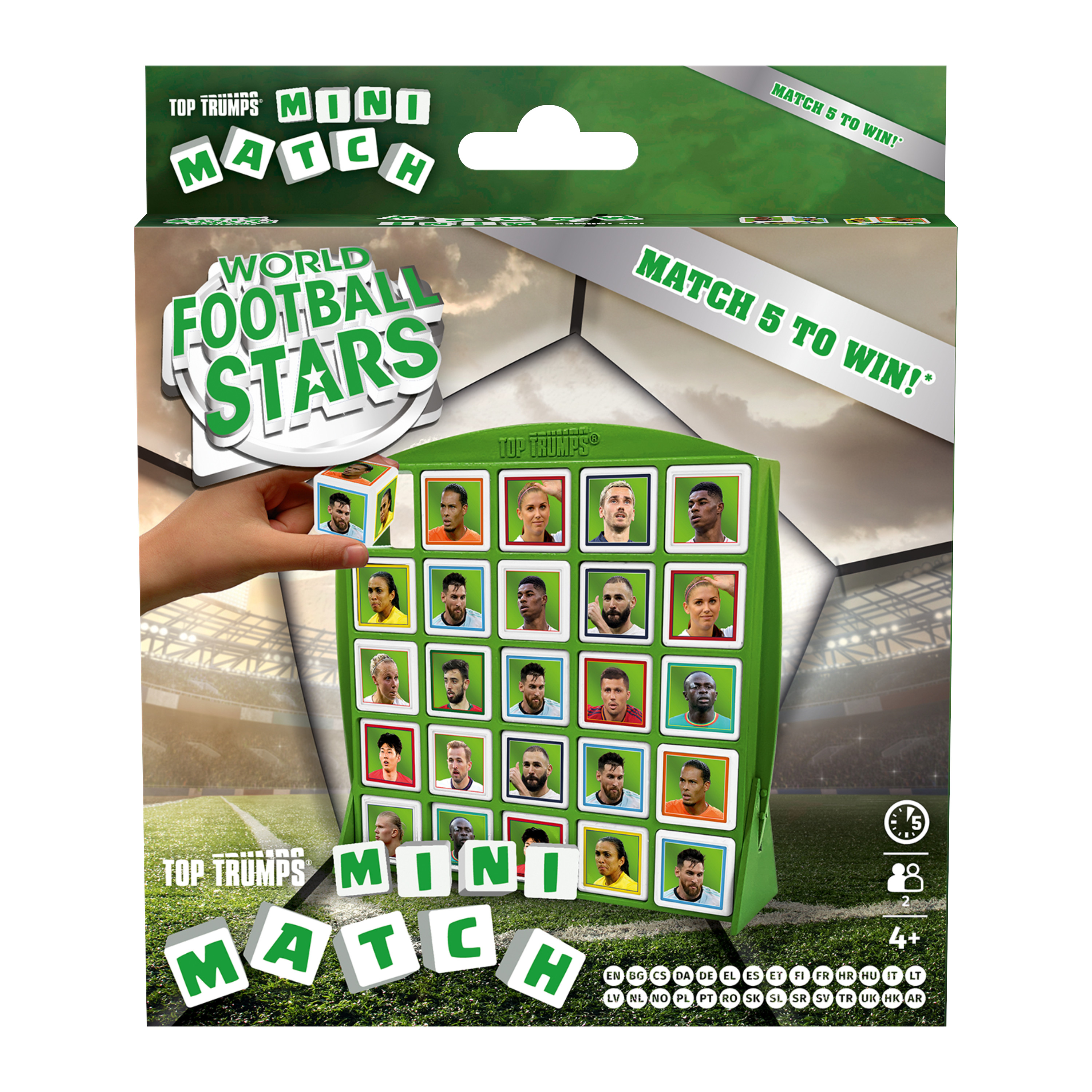 Top Trumps Mini Match Spielbox mit Fußballstar-Bildern und Spielsteinen.