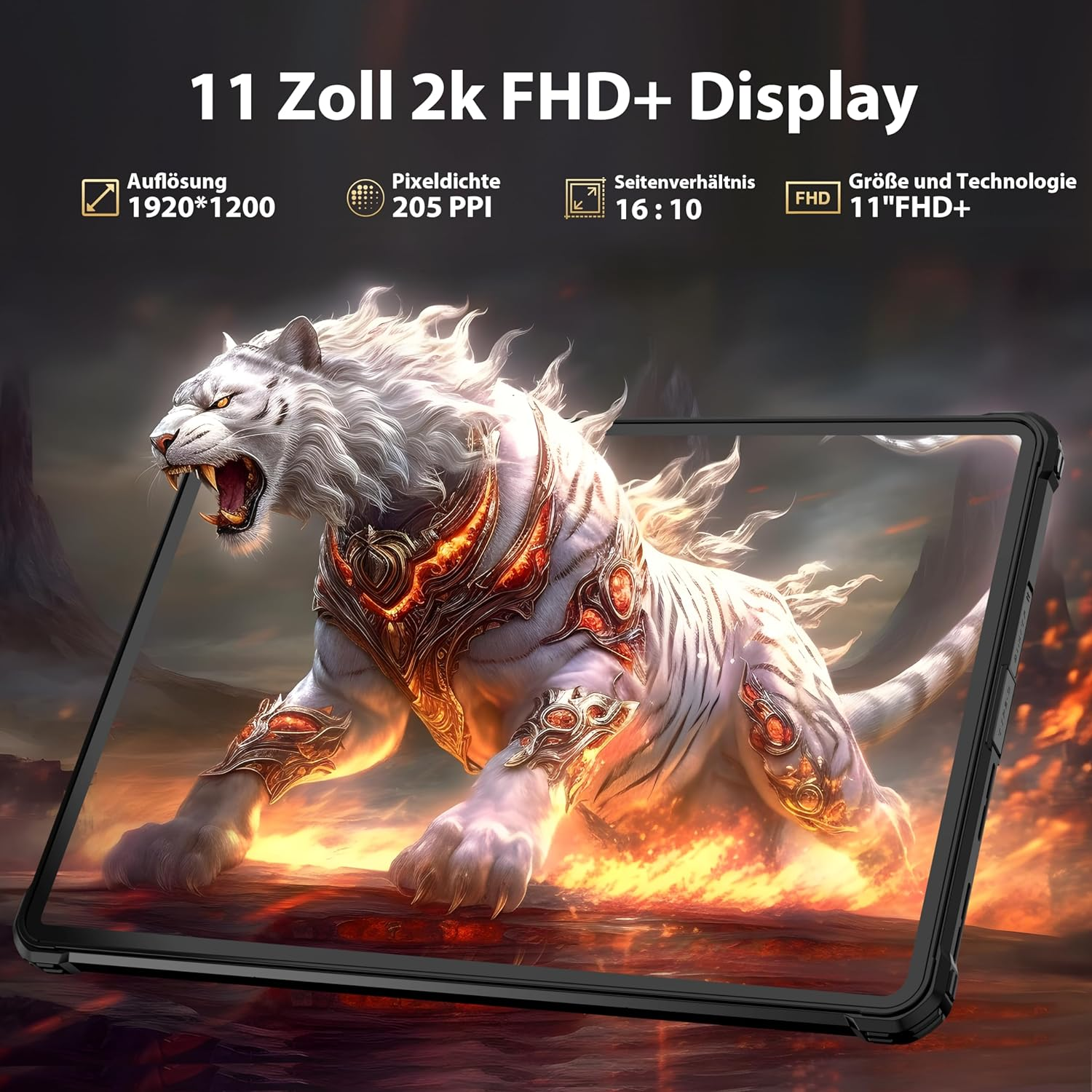 Tablet z obrazem białego tygrysa, z niemieckim tekstem o rozdzielczości i wyświetlaczu.