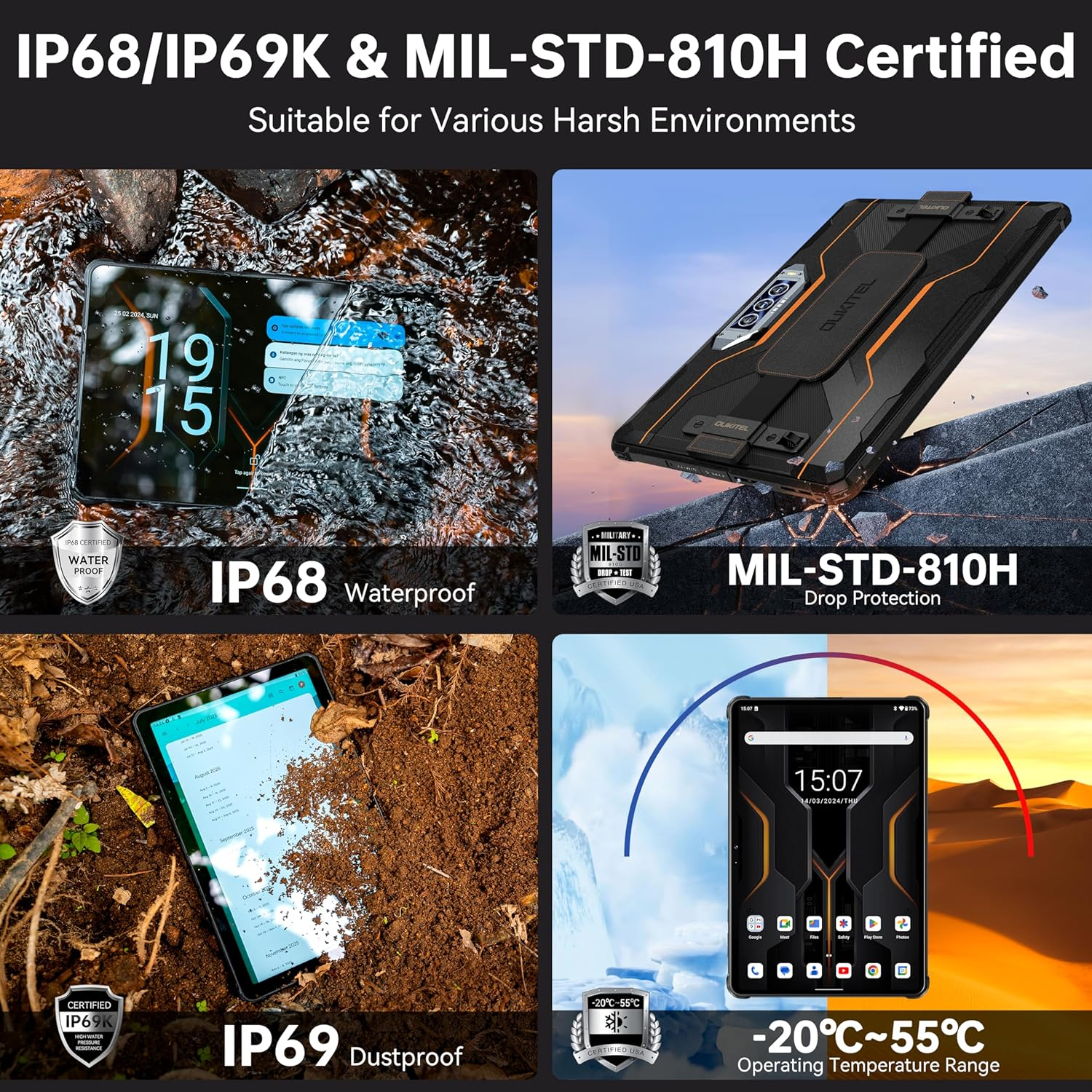 Cztery obrazy pokazujące wytrzymały tablet, demonstrujące certyfikaty IP68/IP69K i MIL-STD-810H.
