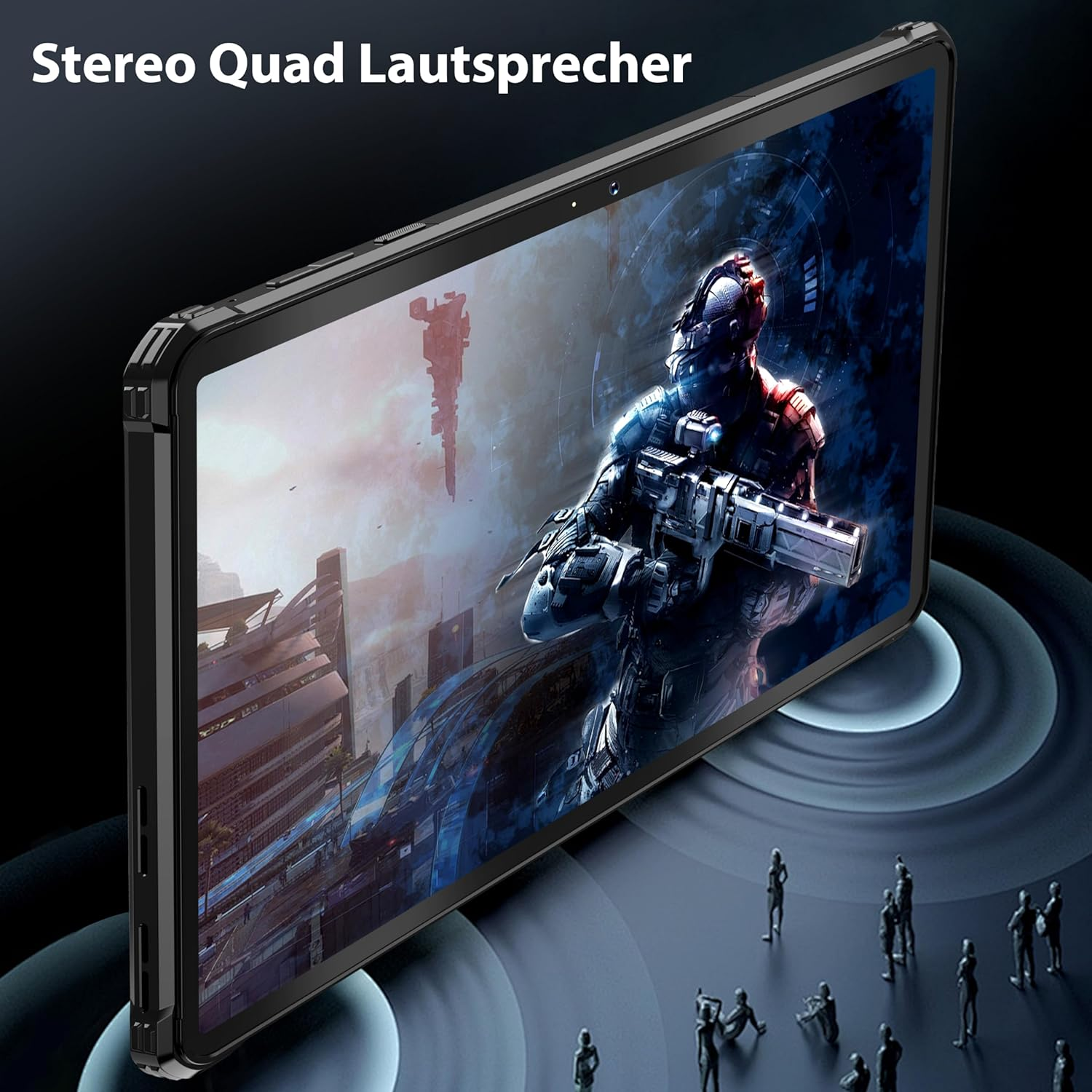 Tablet z sceną gry na ekranie, z czarną ramką. Tekst: Stereo Quad Lautsprecher.