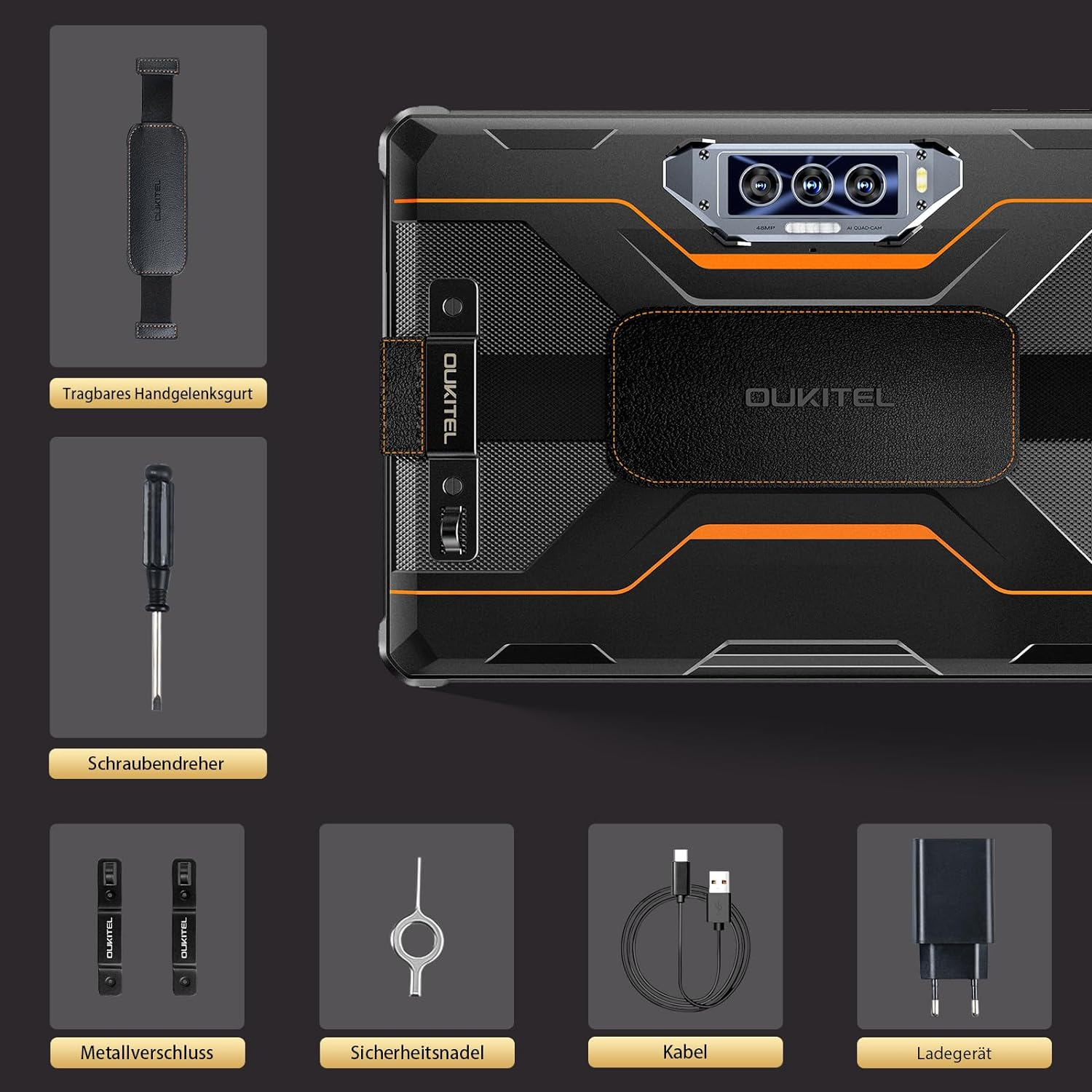 Tablet z akcesoriami: pasek na rękę, śrubokręt, metalowe zapięcie, szpilka SIM, kabel, ładowarka.