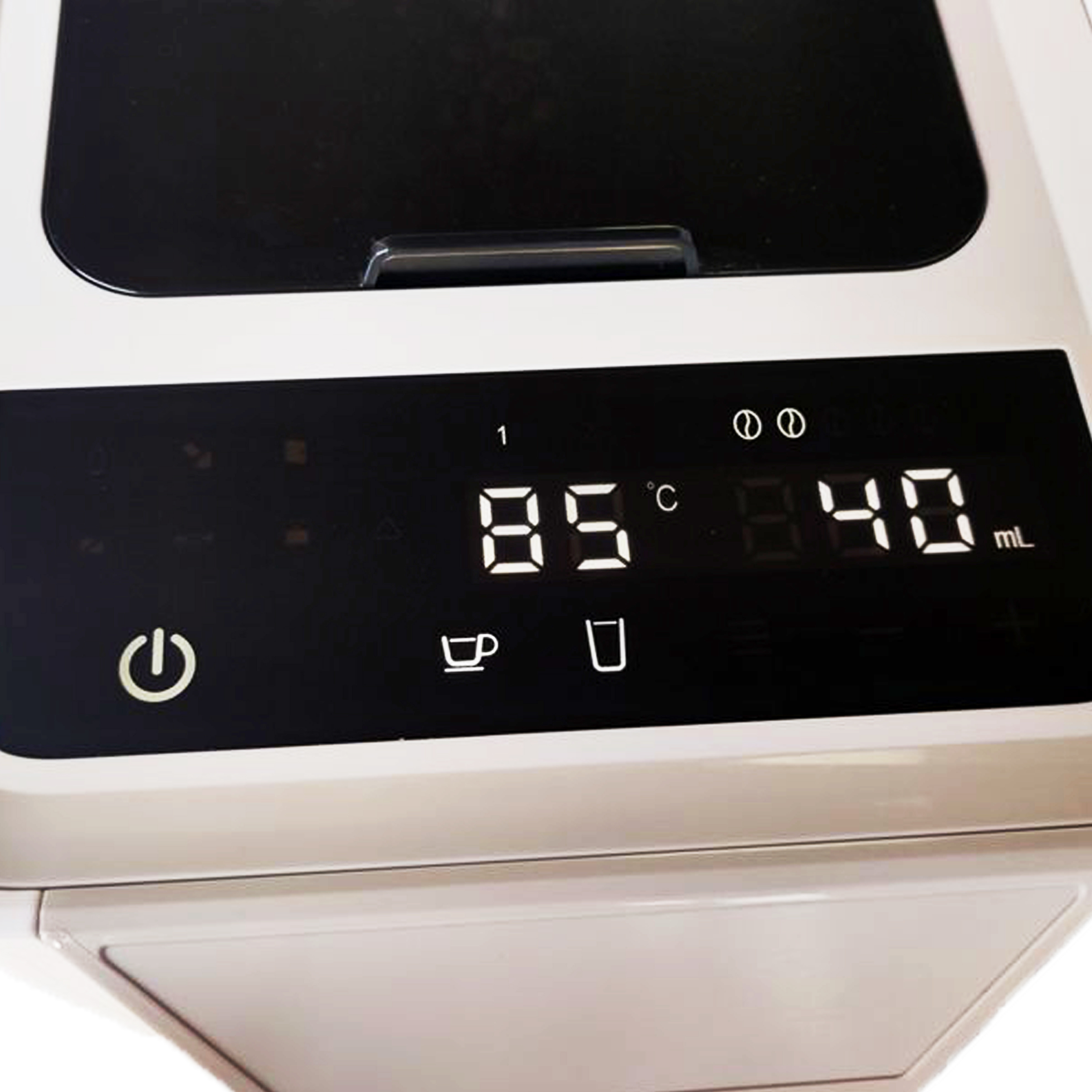 Nahaufnahme eines Kaffeeautomaten-Displays mit Temperatur- und Volumeneinstellungen.