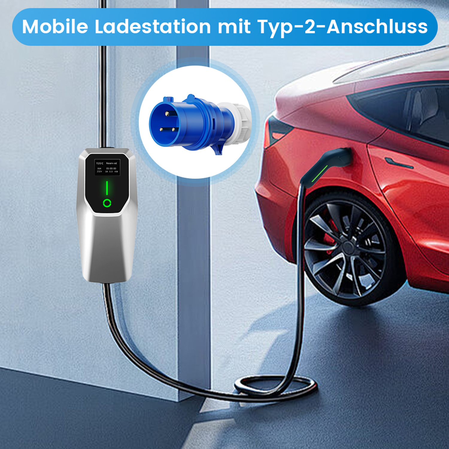Eine Ladestation für Elektroautos mit rotem Auto im Hintergrund. Ein Stecker wird angezeigt.
