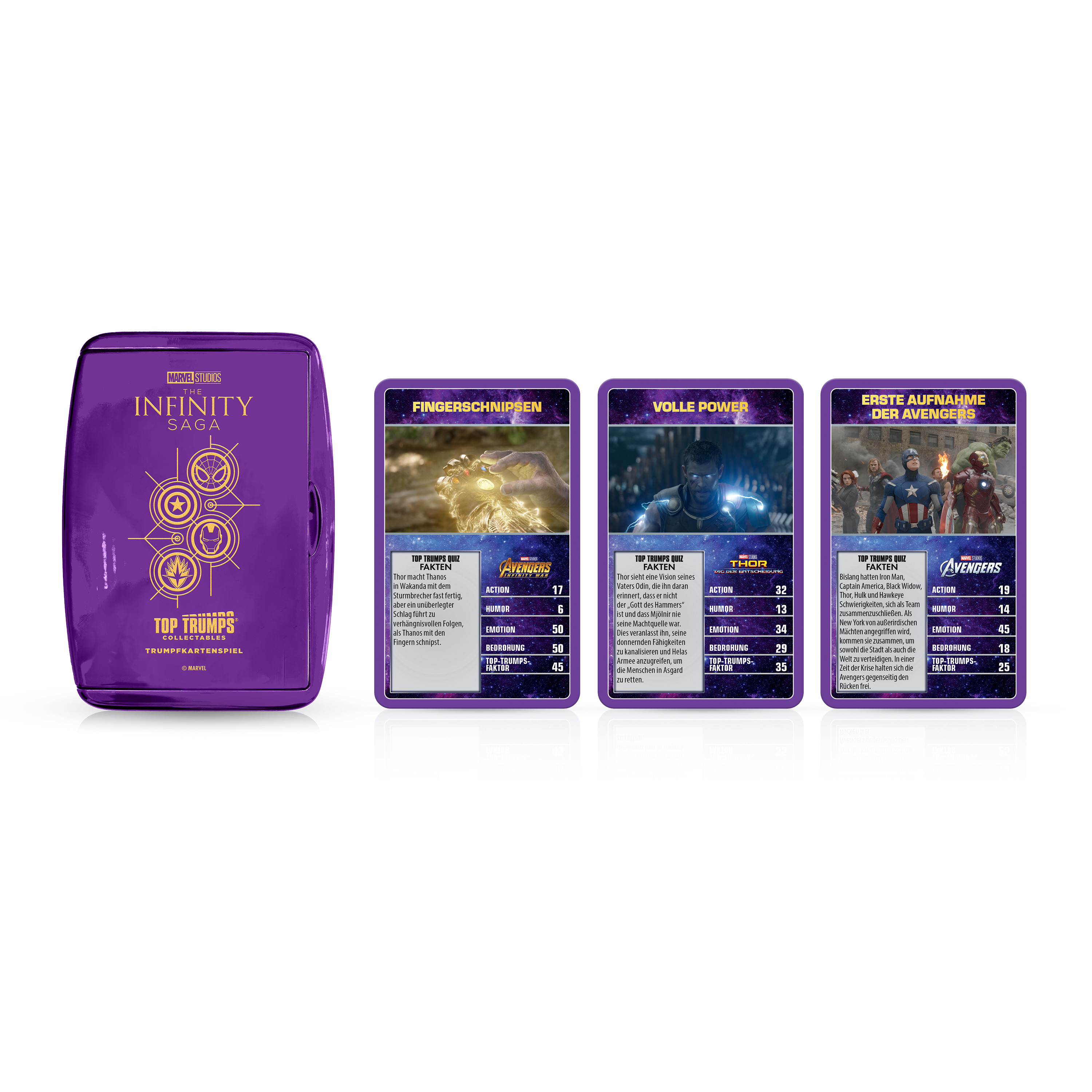 Marvel Top Trumps Karten, mit einem lila Etui und drei Karten.