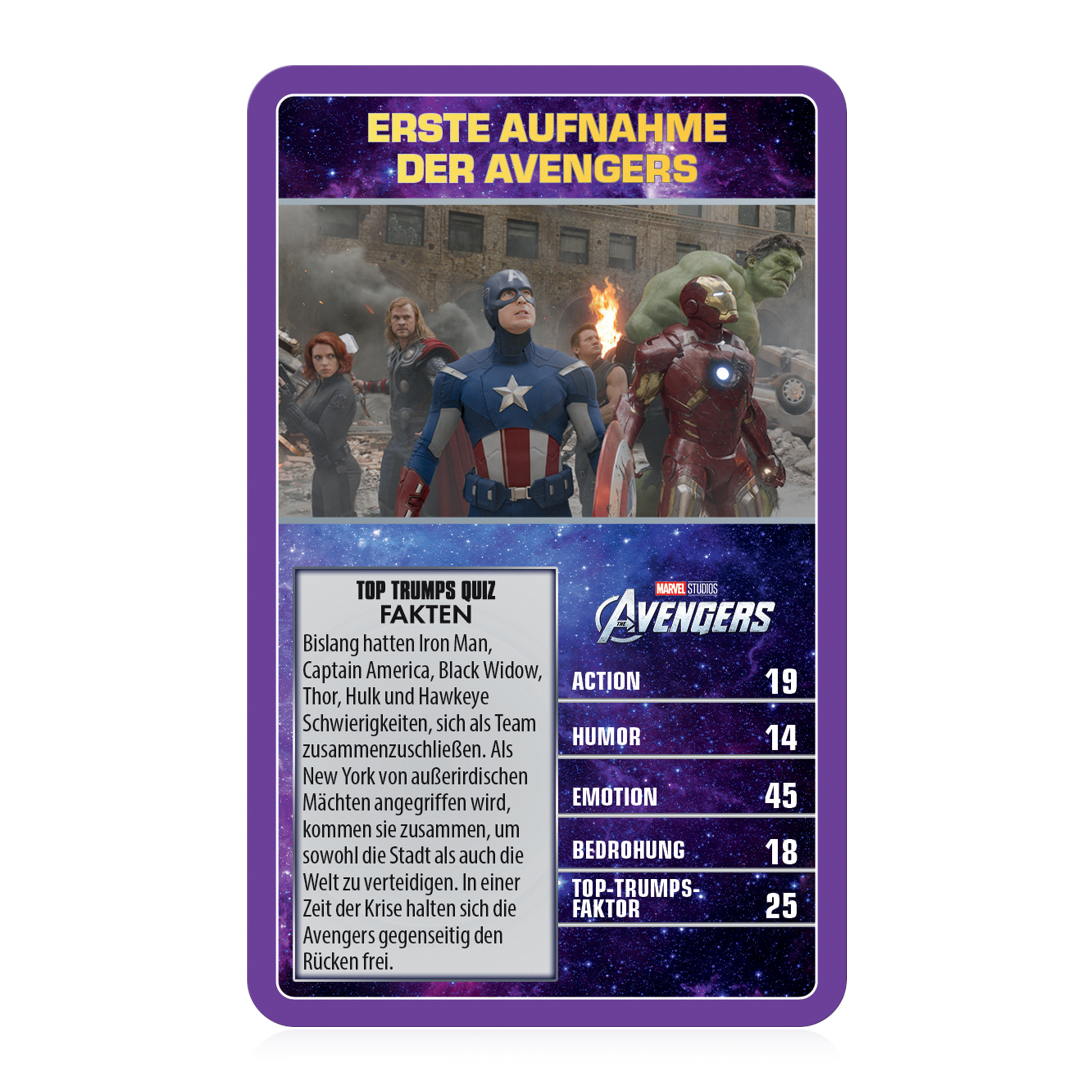 Avengers-Sammelkarte mit Charakteren, Text und Bewertungen, vor lila Hintergrund.