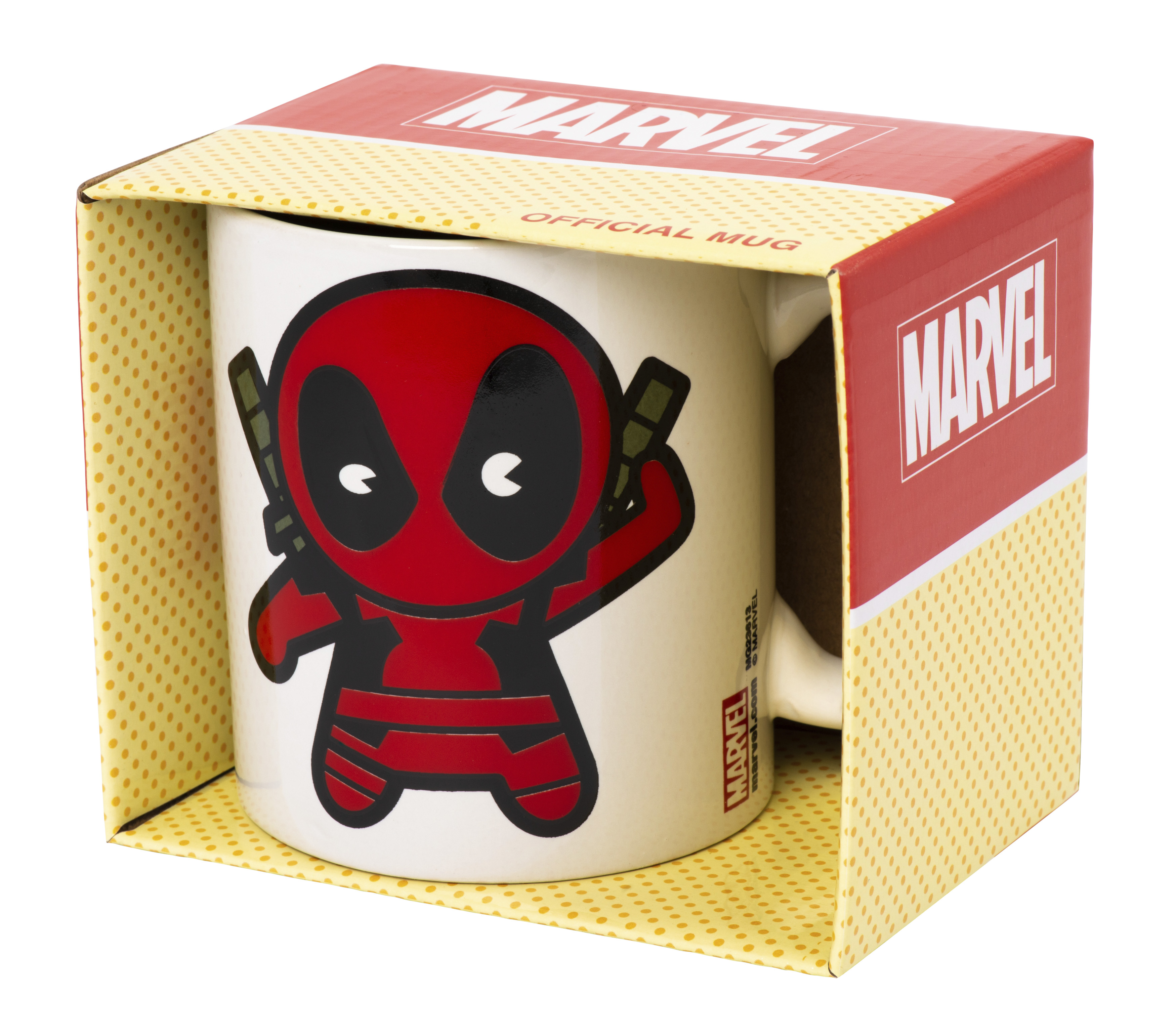Eine weiße Deadpool-Tasse in einer rot-gelben Marvel-Box.