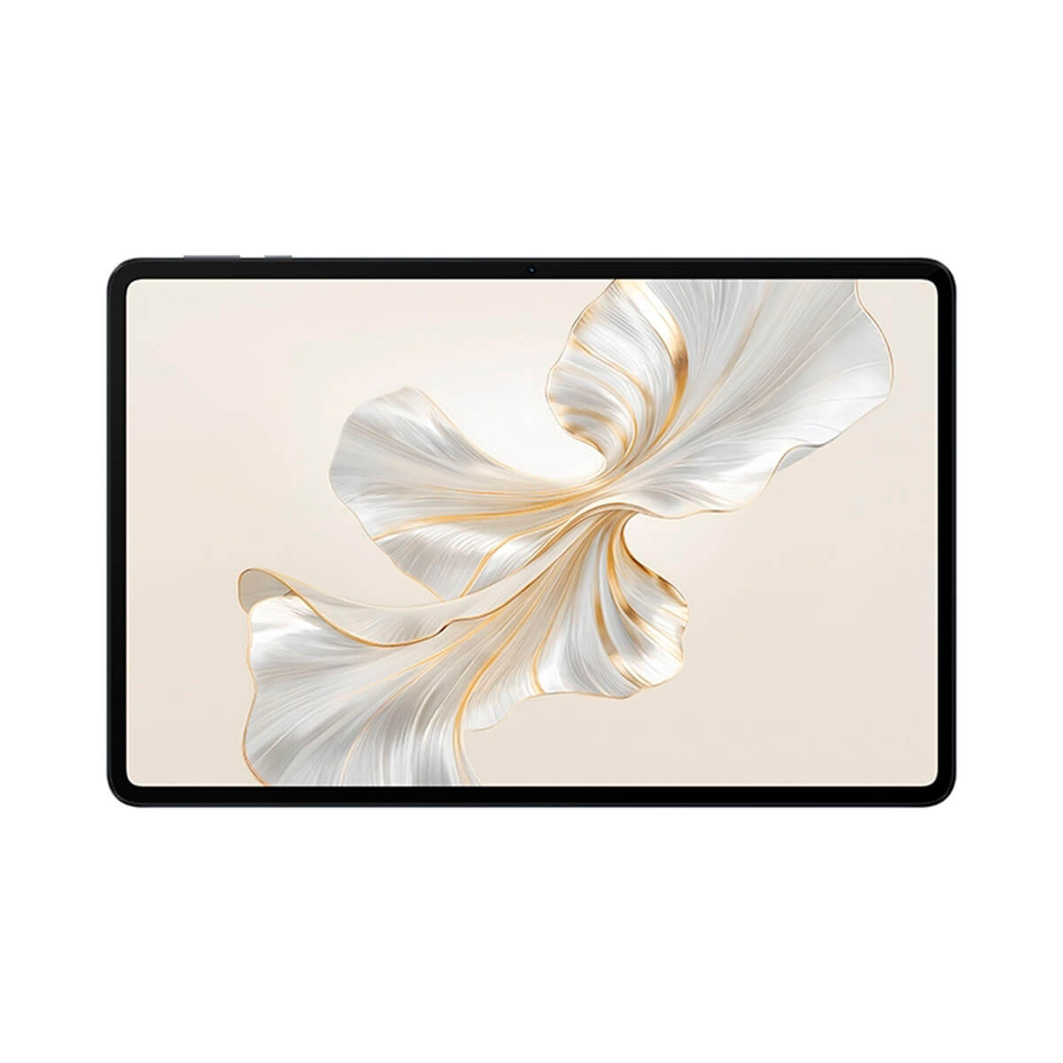 Tablet mit einem Bildschirm, der ein weißes und goldenes abstraktes Design zeigt.