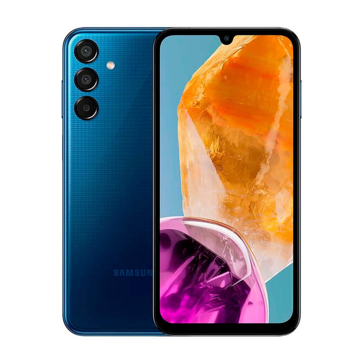 Teléfono azul con triple cámara y pantalla con patrón abstracto naranja y rosa.