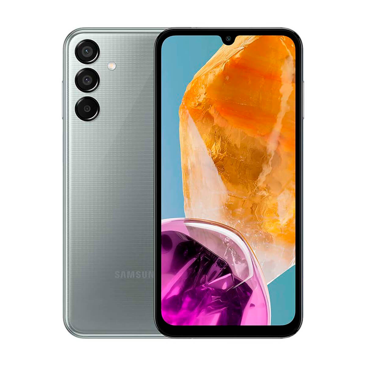 Un teléfono inteligente verde y gris con tres cámaras traseras.