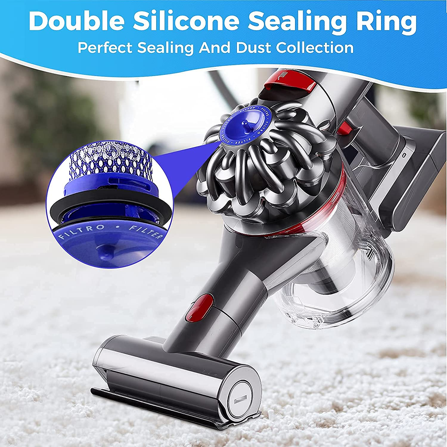 Odkurzacz ze szczegółem niebieskiego filtra. Tekst: Idealne uszczelnienie i zbieranie kurzu.