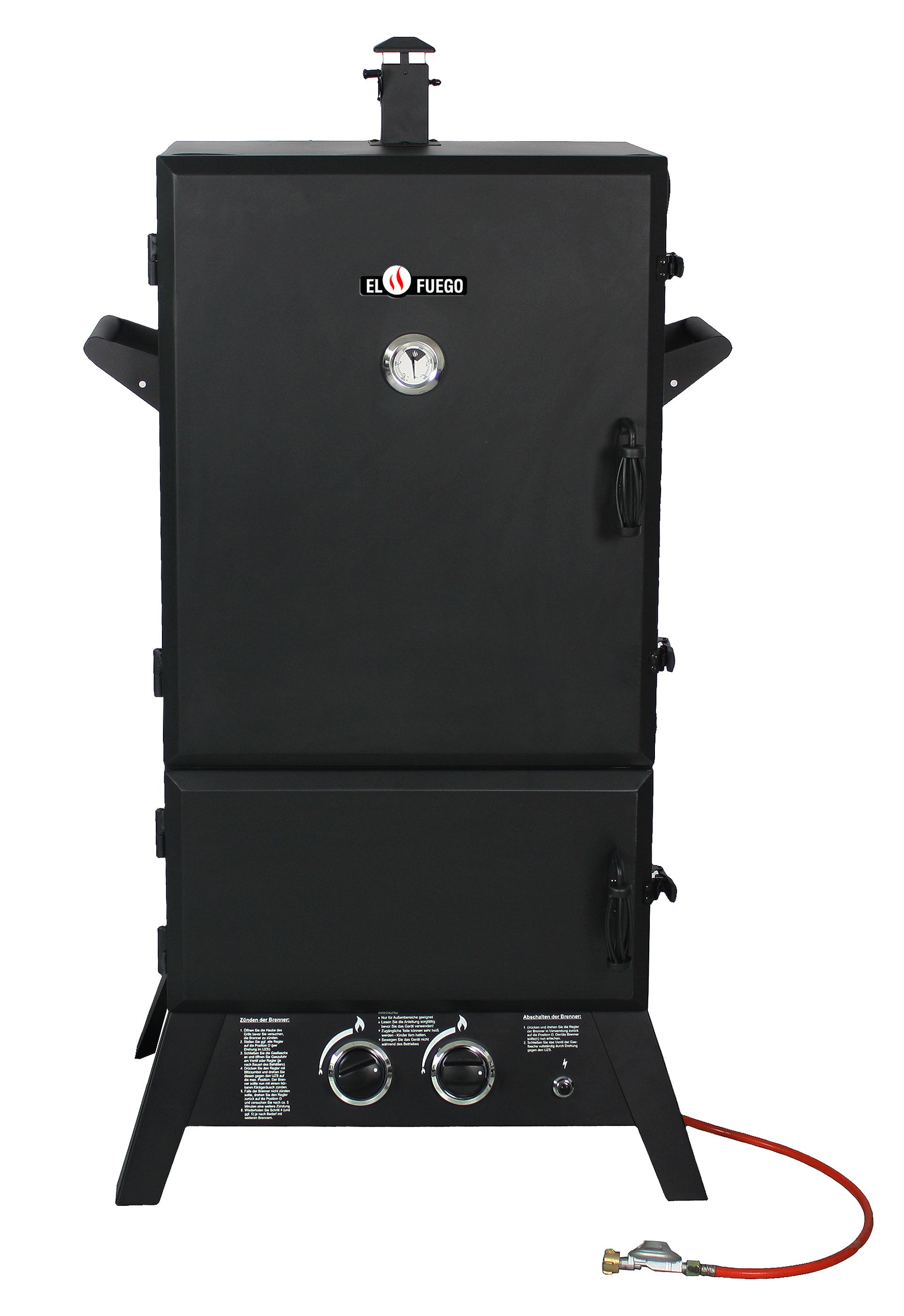 Ein schwarzer El Fuego Smoker Grill. Er hat zwei Türen, ein Thermometer und zwei Bedienknöpfe.