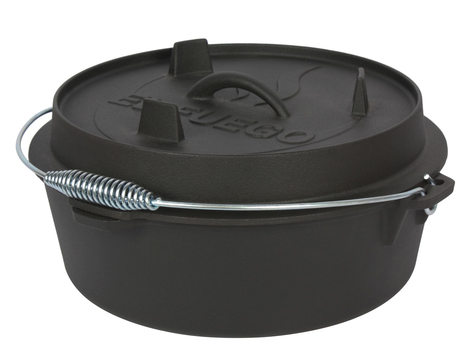 Schwarzer gusseiserner Dutch Oven mit Deckel. Der Deckel hat einen Griff. Der Topf hat einen Drahtgriff.