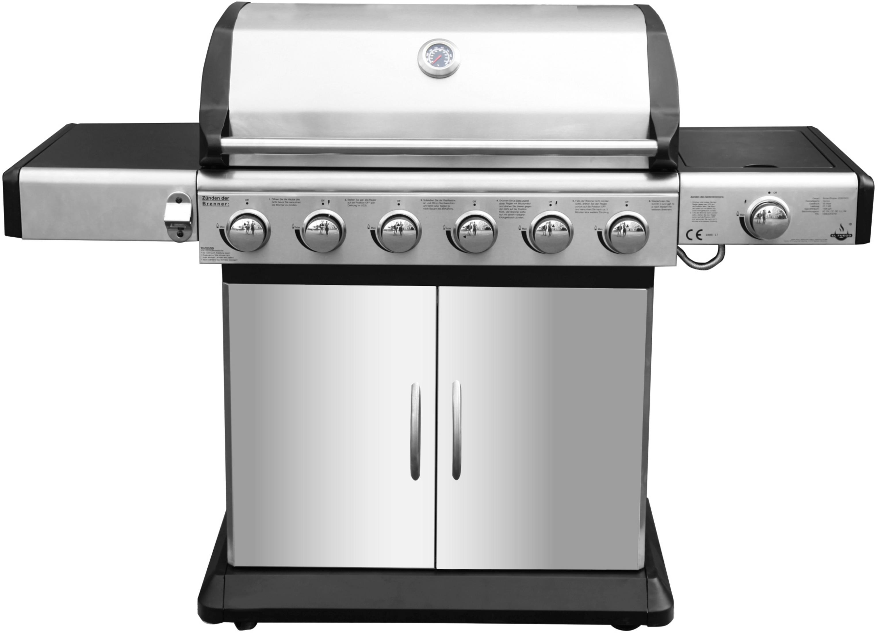 Edelstahlgrill mit schwarzen Seitentischen, silbernen Türen auf schwarzem Sockel.