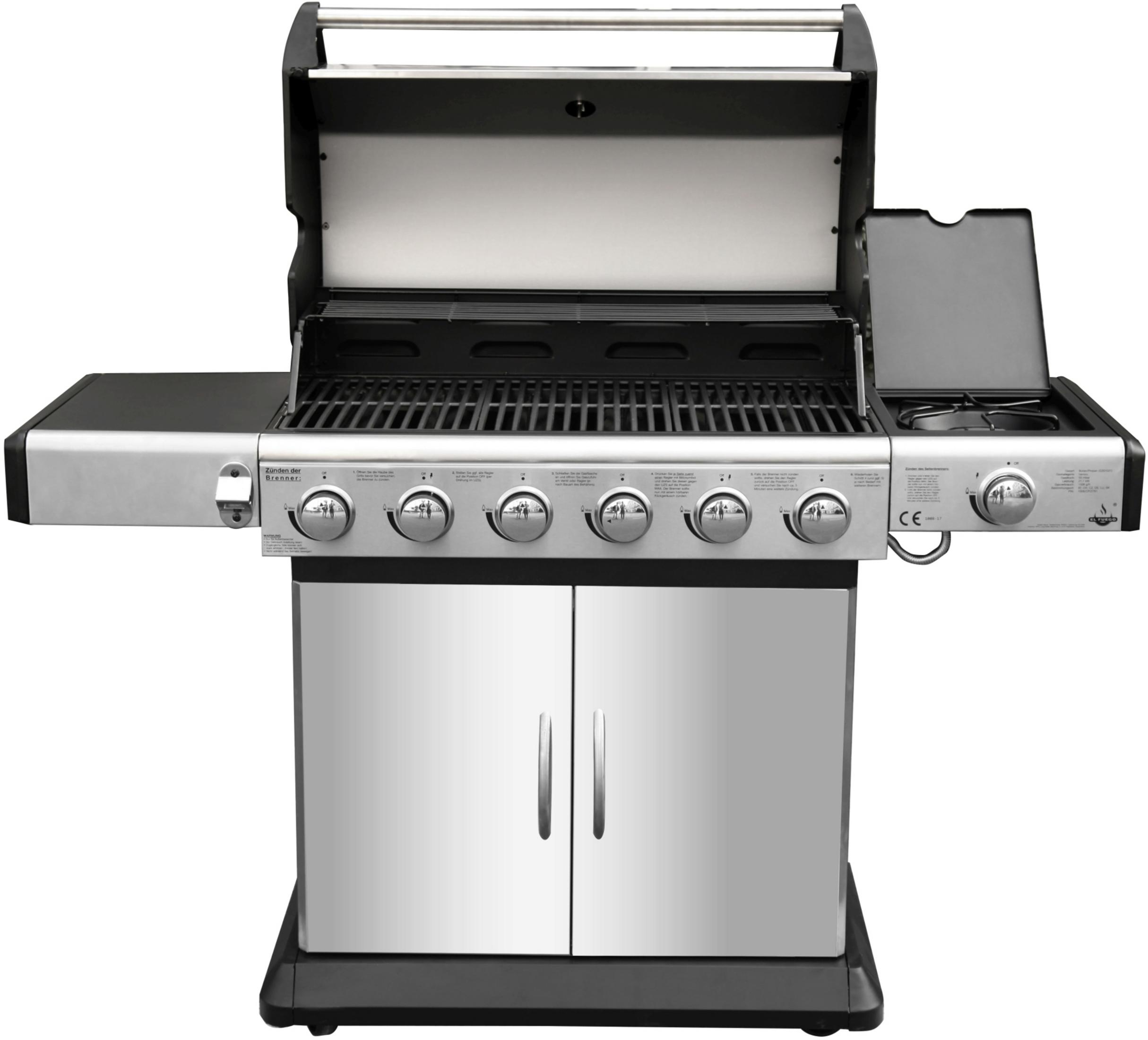 Gasgrill aus Edelstahl mit 5 Brennern. Er hat einen Schrank und einen offenen Deckel.