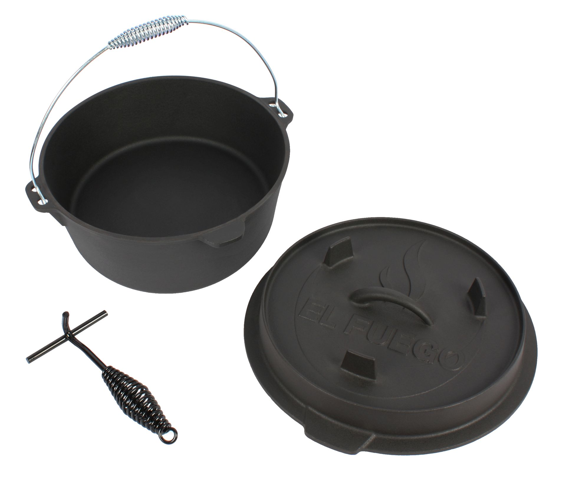 Schwarzer gusseiserner Dutch Oven mit Deckel, Bügelgriff und Deckelheber.