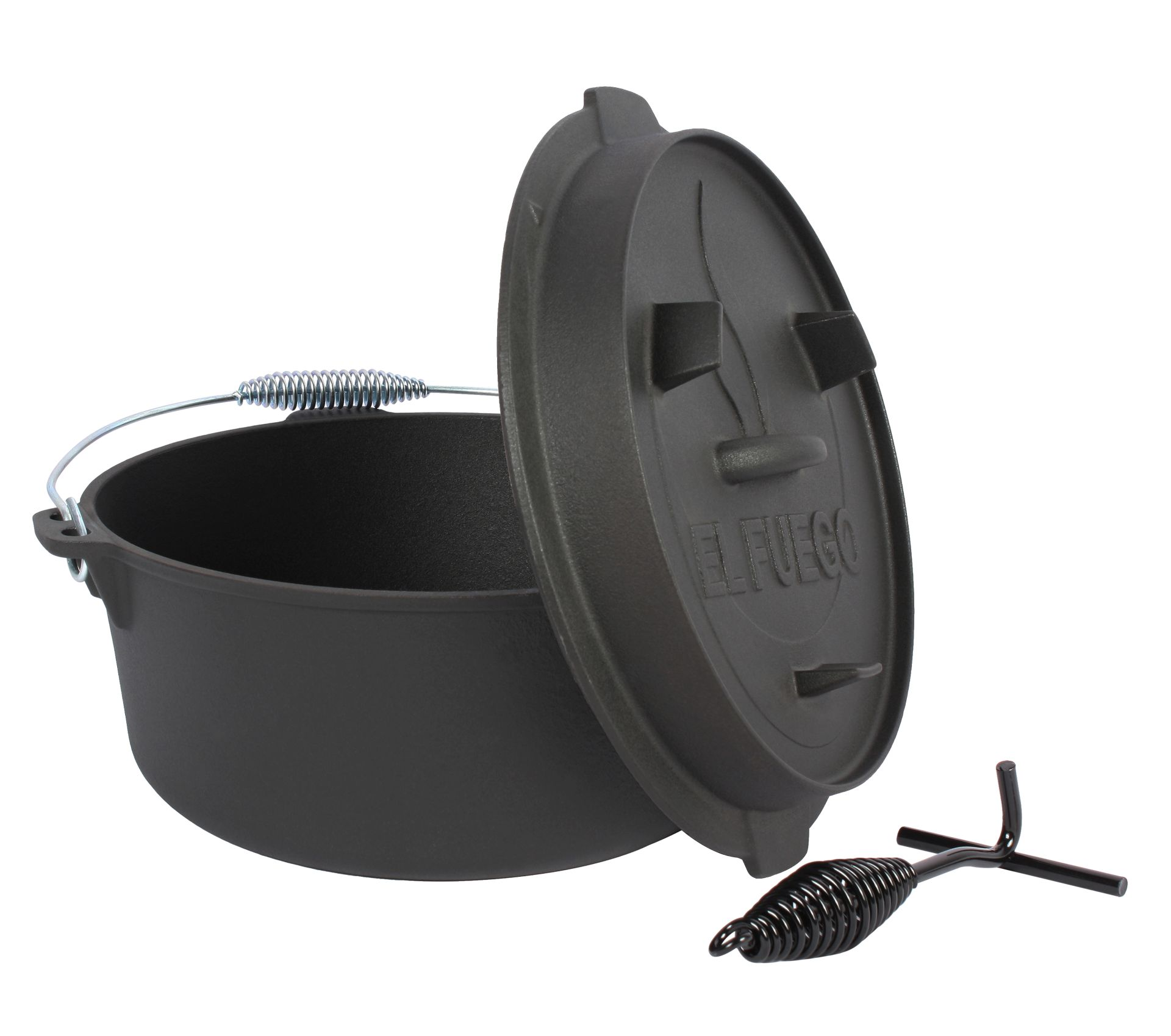 Ein schwarzer gusseiserner Dutch Oven mit Deckel und Topfständer.
