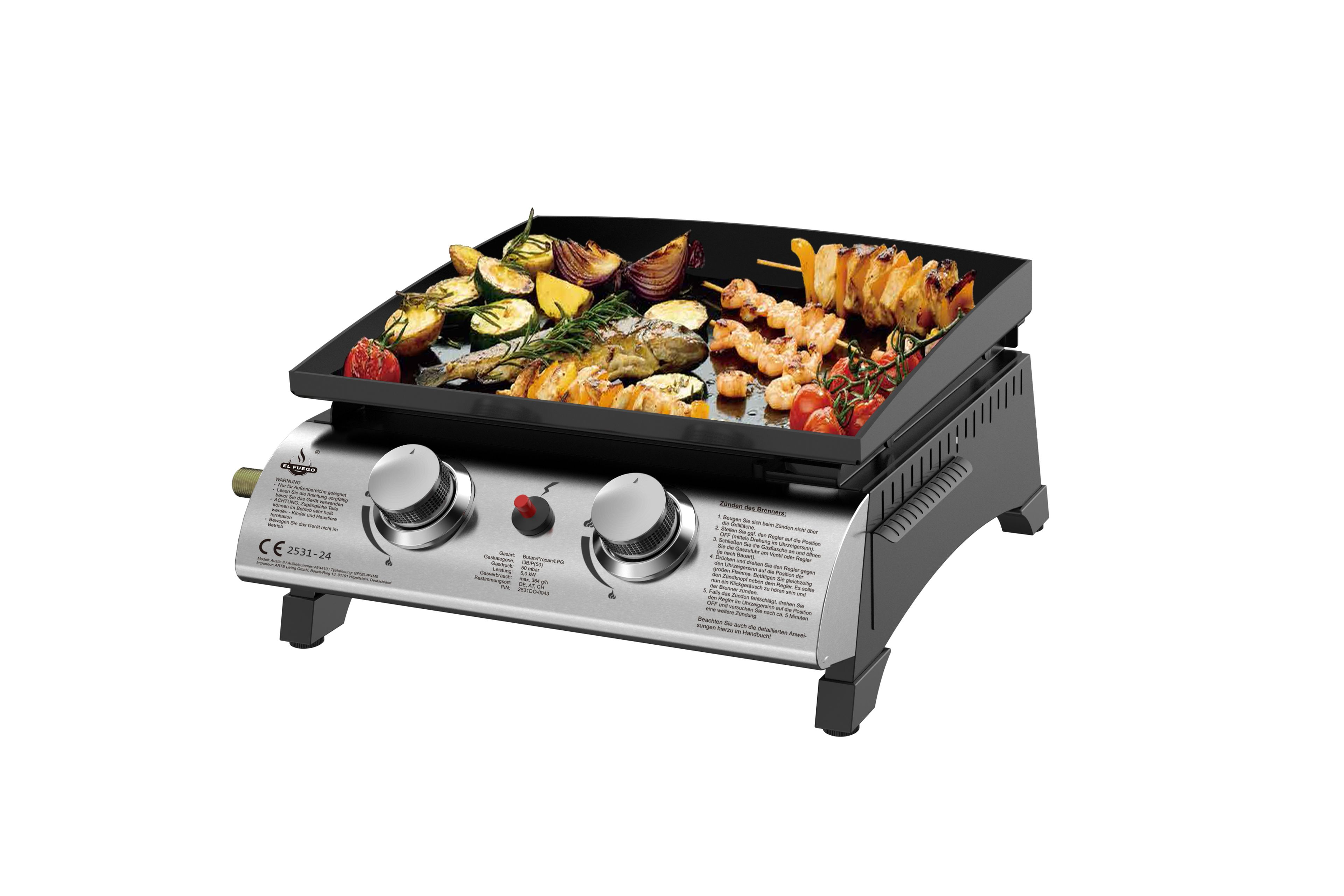Ein Gasgrill mit Essen auf dem Grill. Es enthält Gemüse und Fleisch.