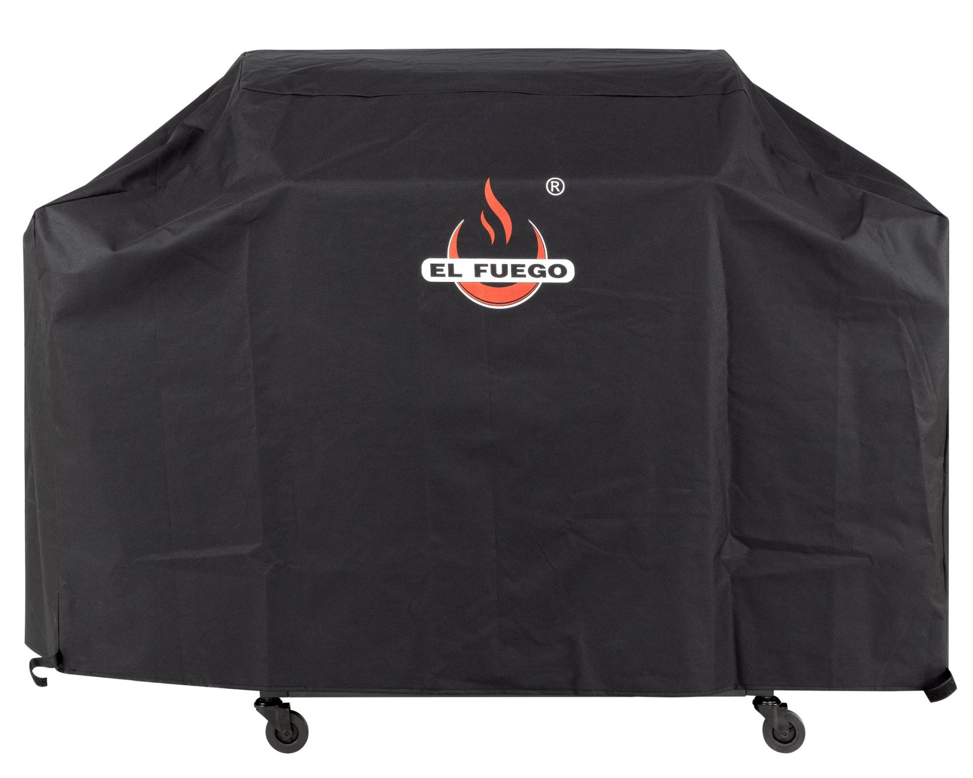 Schwarze Grillabdeckung mit dem El Fuego Logo.