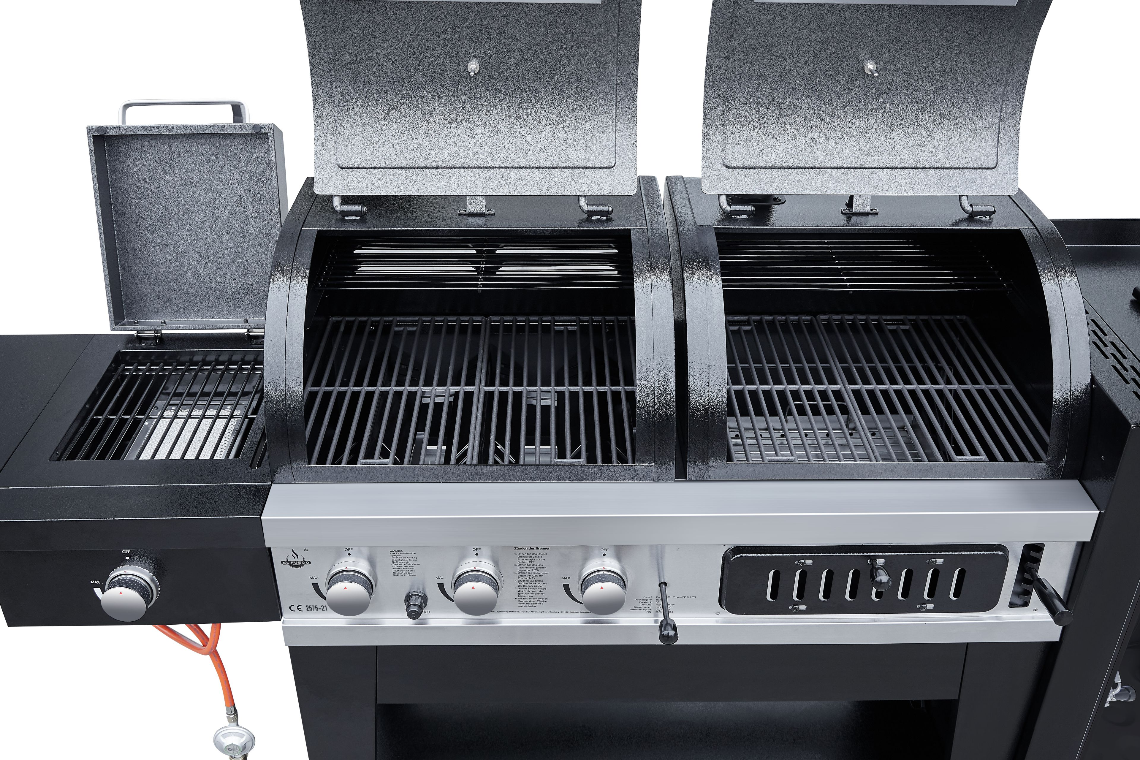 Ein doppelter Gasgrill mit offenen Deckeln. Knöpfe und Bedienelemente sind auf der Vorderseite sichtbar.