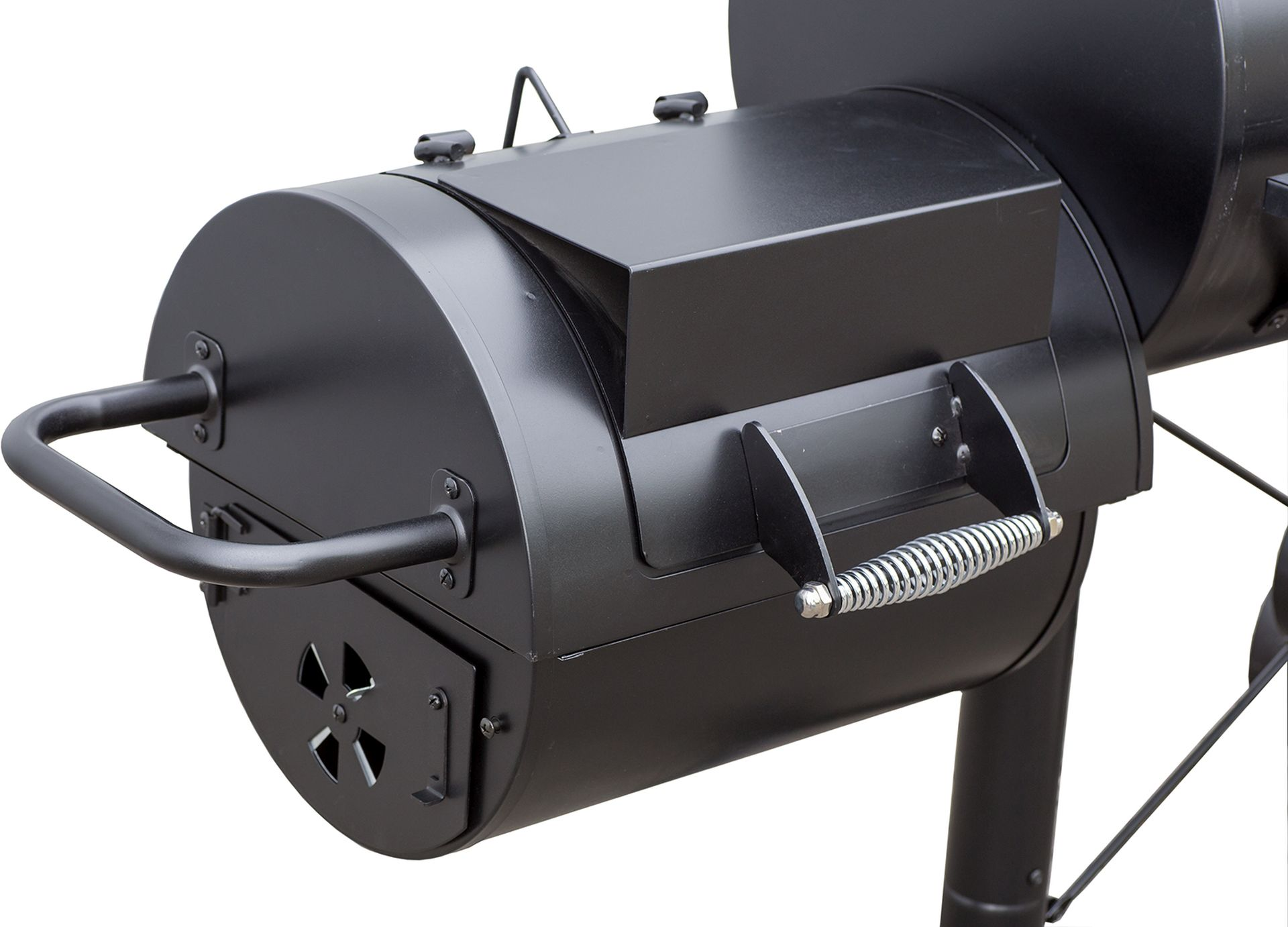 Ein schwarzer Smoker-Grill mit Griff, Tür und Schornstein.