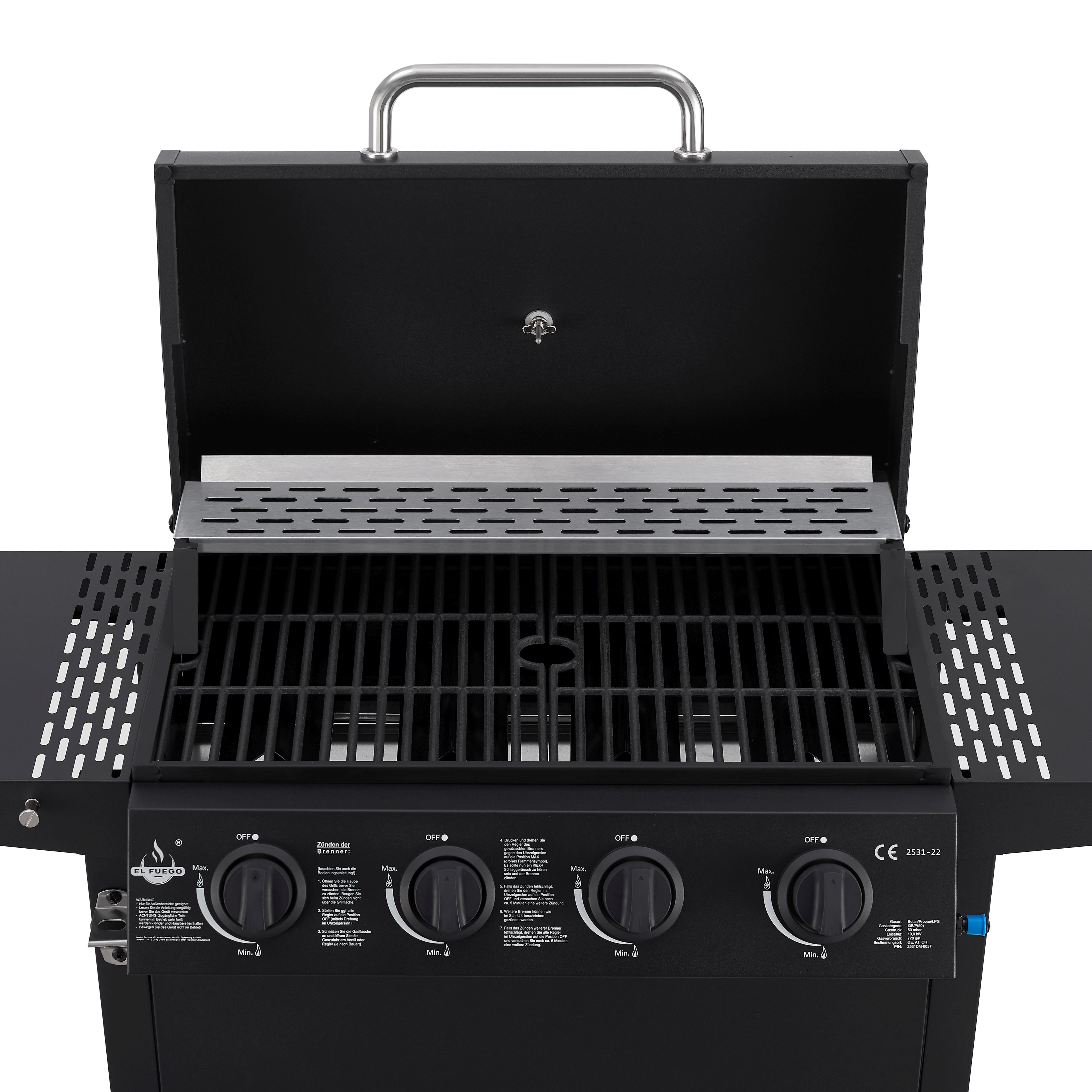 Schwarzer Grill mit offenem Deckel, Brennern und Bedienknöpfen. Der Hintergrund ist weiß.
