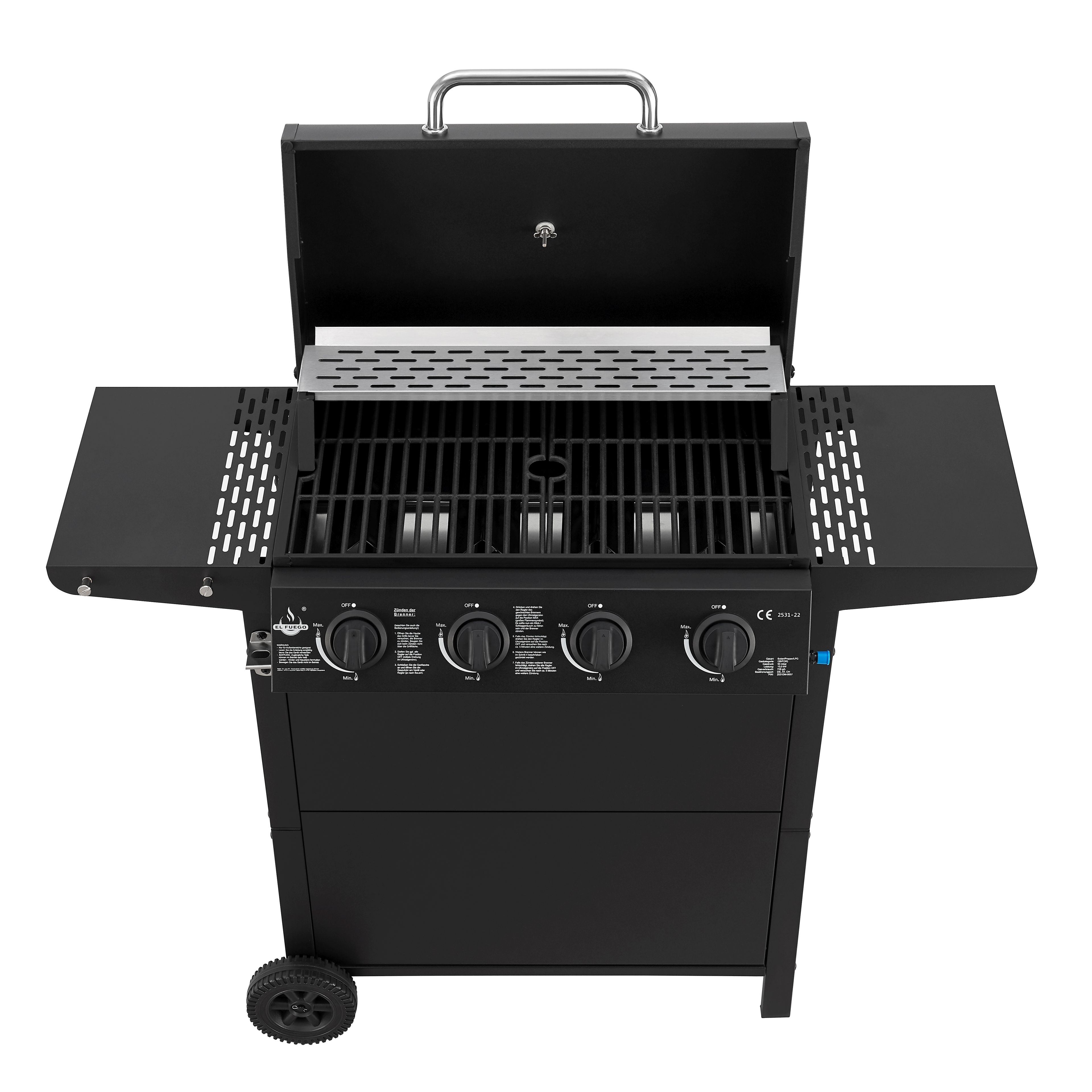 Ein schwarzer Gasgrill von oben gesehen, mit vier Bedienknöpfen und offenem Deckel.