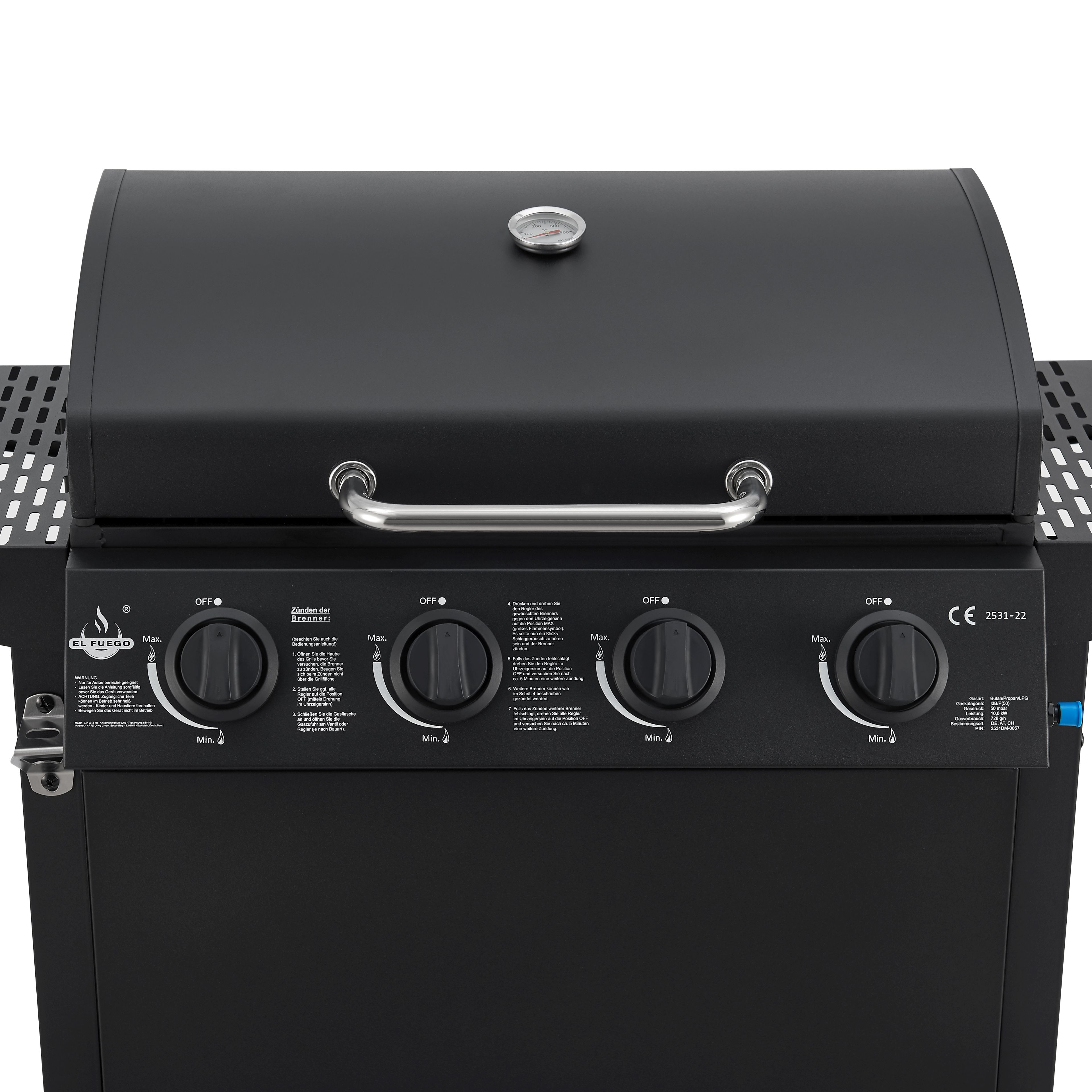 Schwarzer Gasgrill mit geschlossenem Deckel. Bedienelemente für die Brenner vorne.