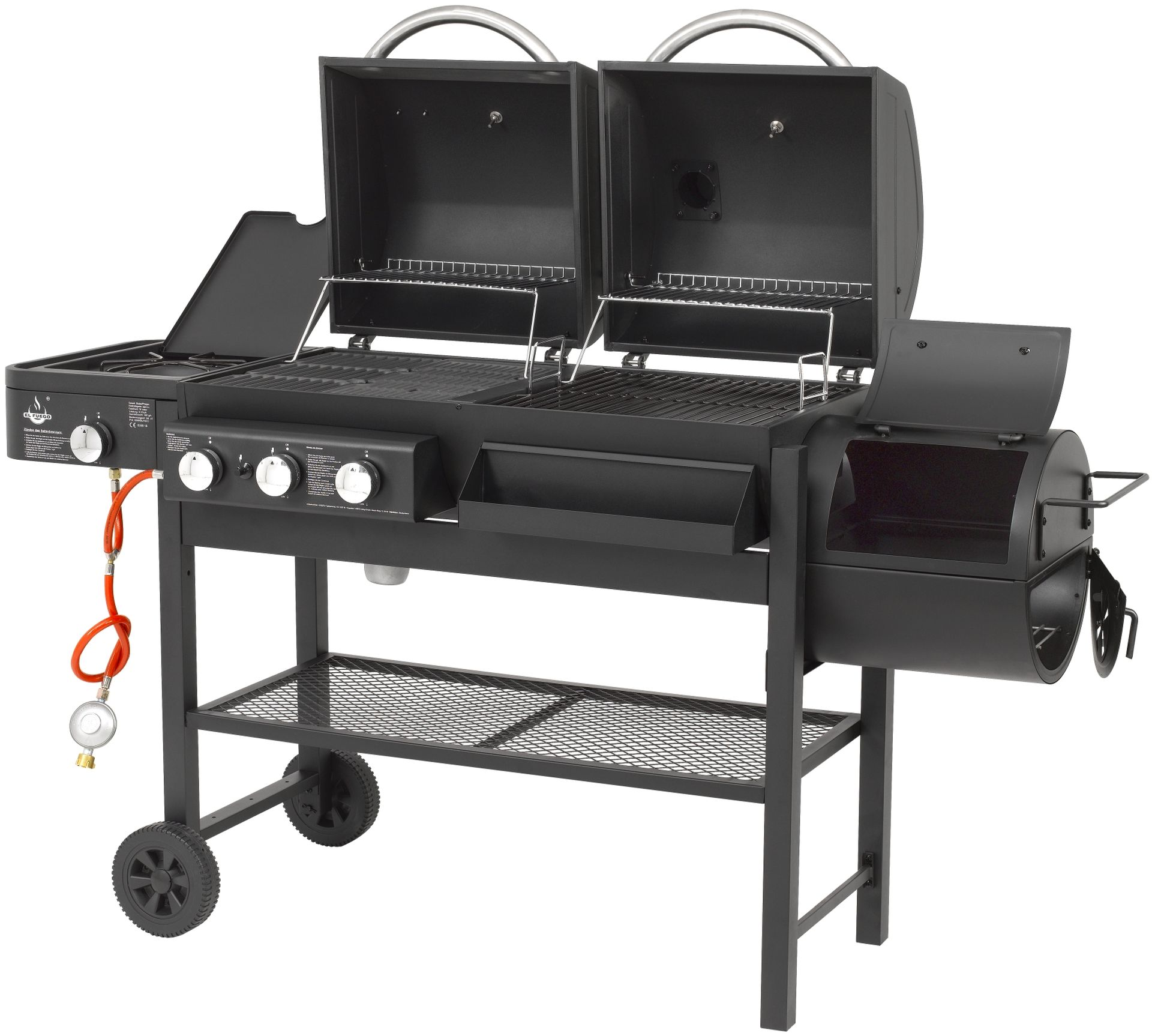 Schwarzer Grill mit geöffneten Deckeln und einem Gasanschluss.